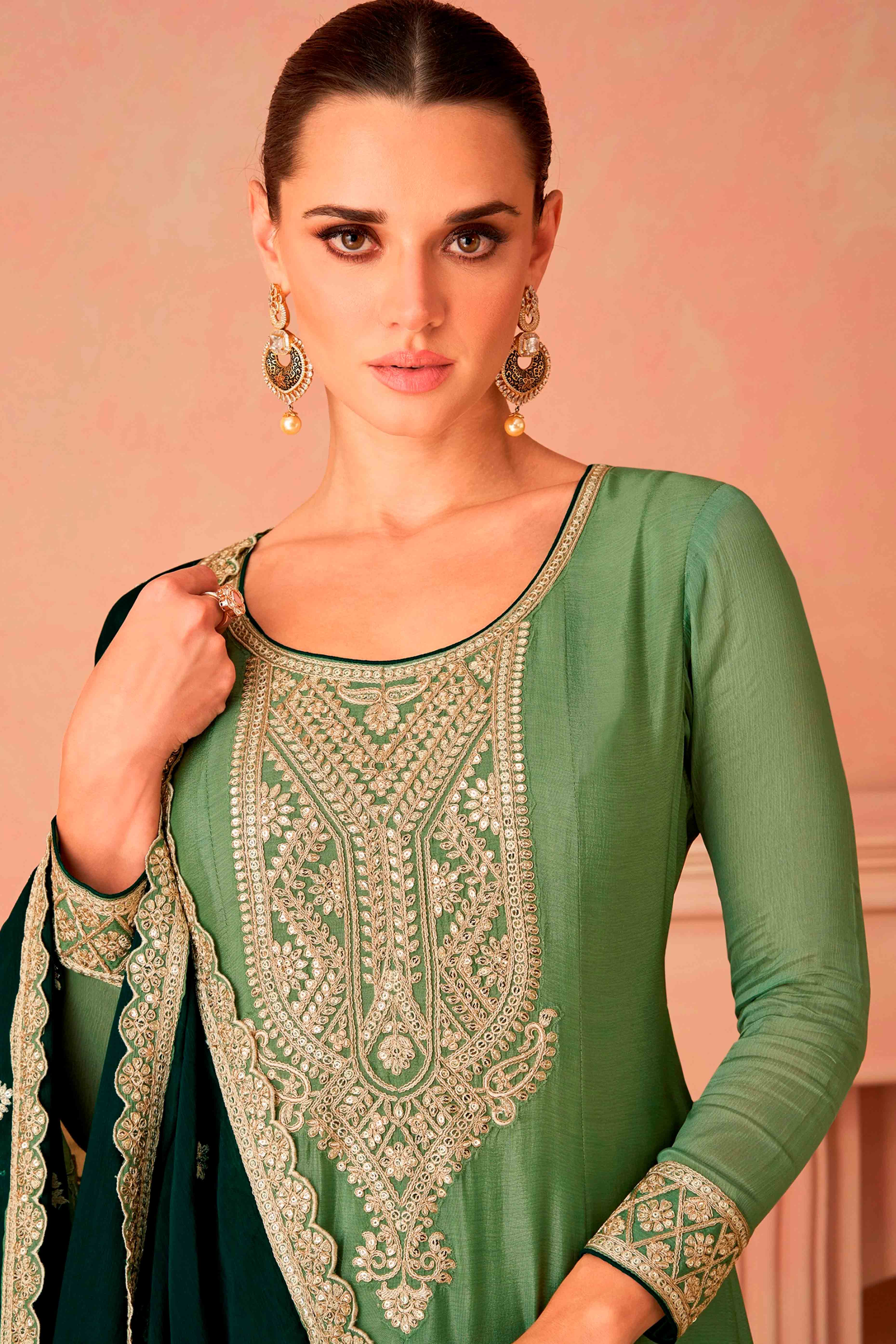 Green Floral Sequins Embroidered Chinon Suit