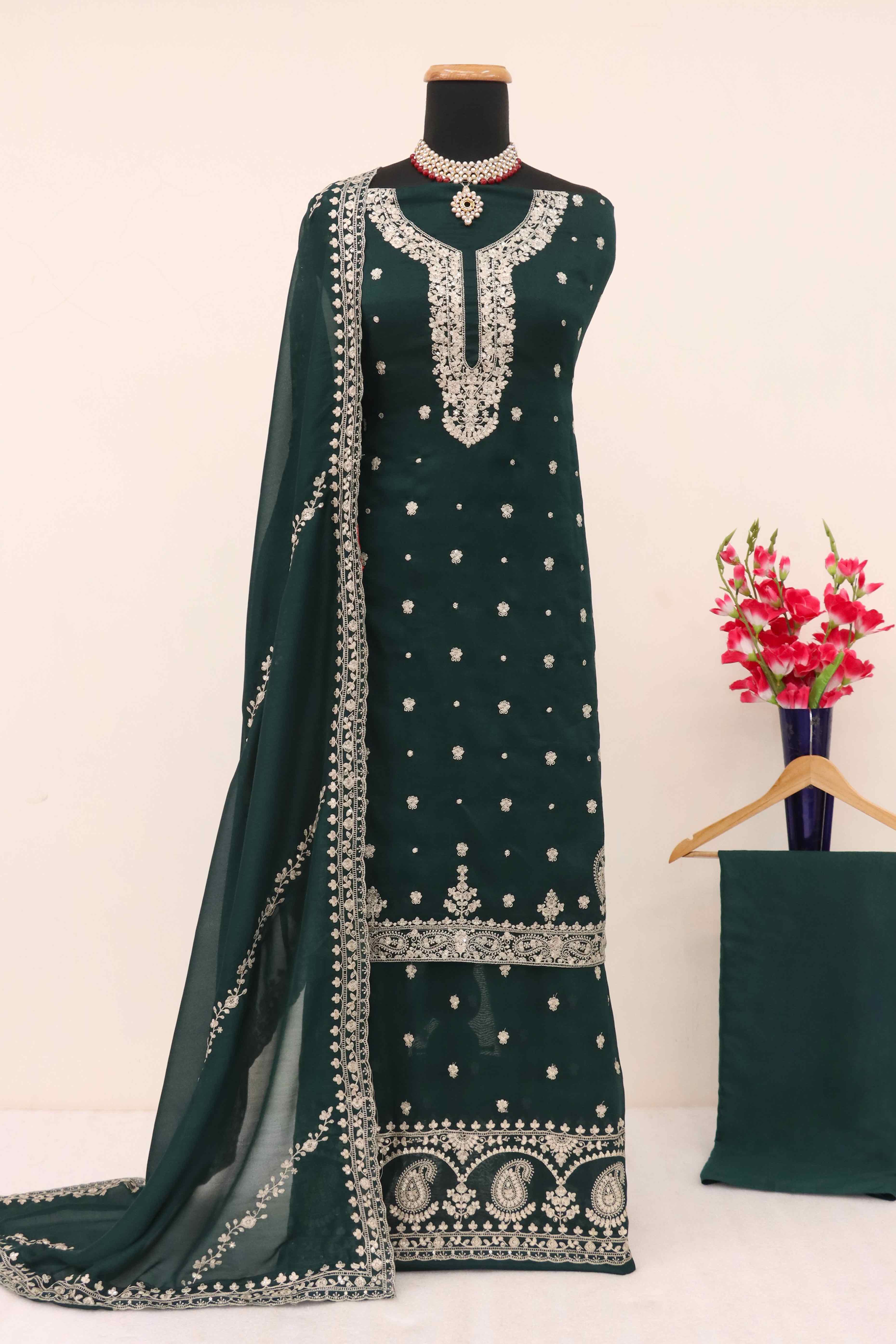 Green Floral Sequins Embroidered Satin Silk Semi Stitched Suit