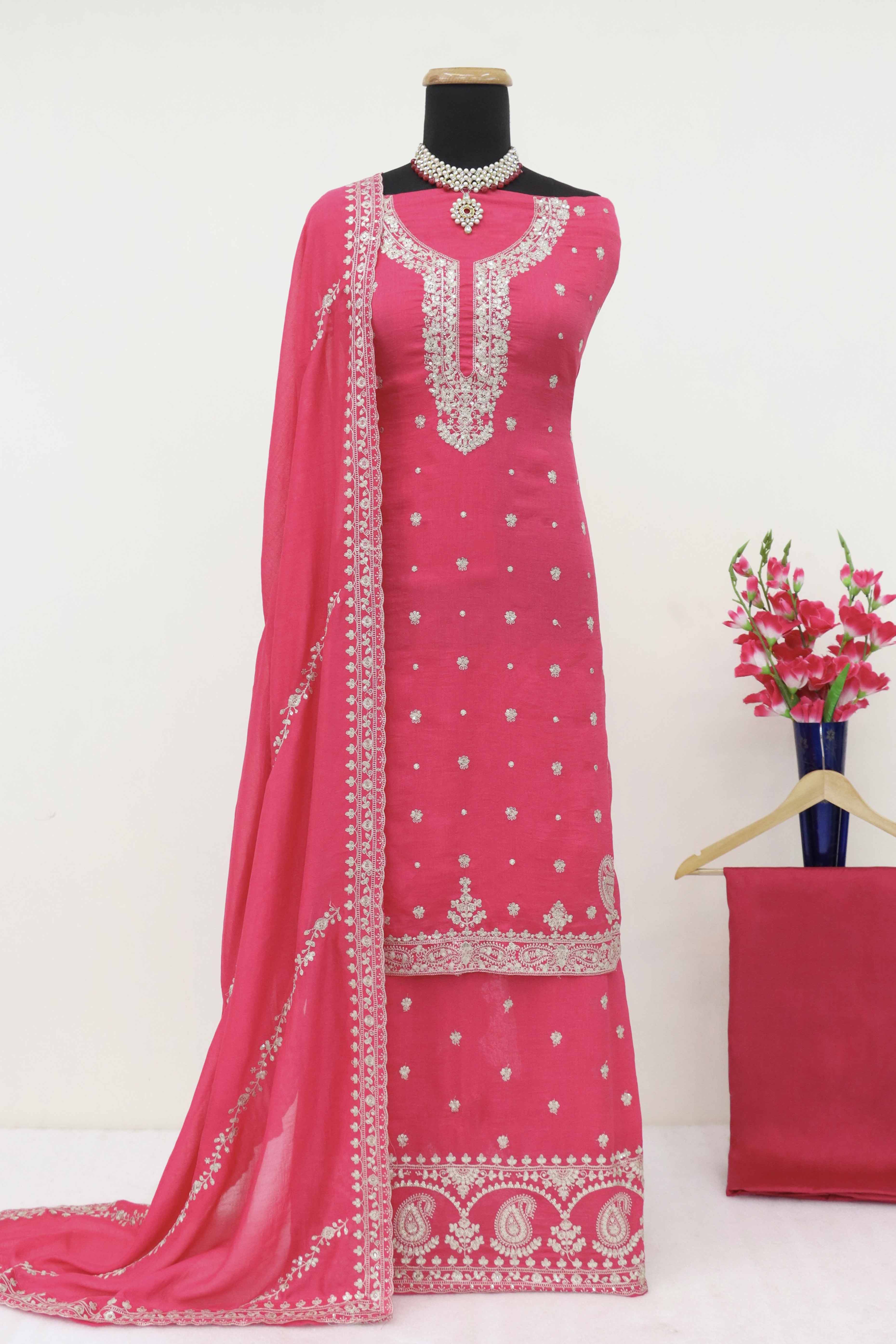 Pink Floral Sequins Embroidered Satin Silk Semi Stitched Suit