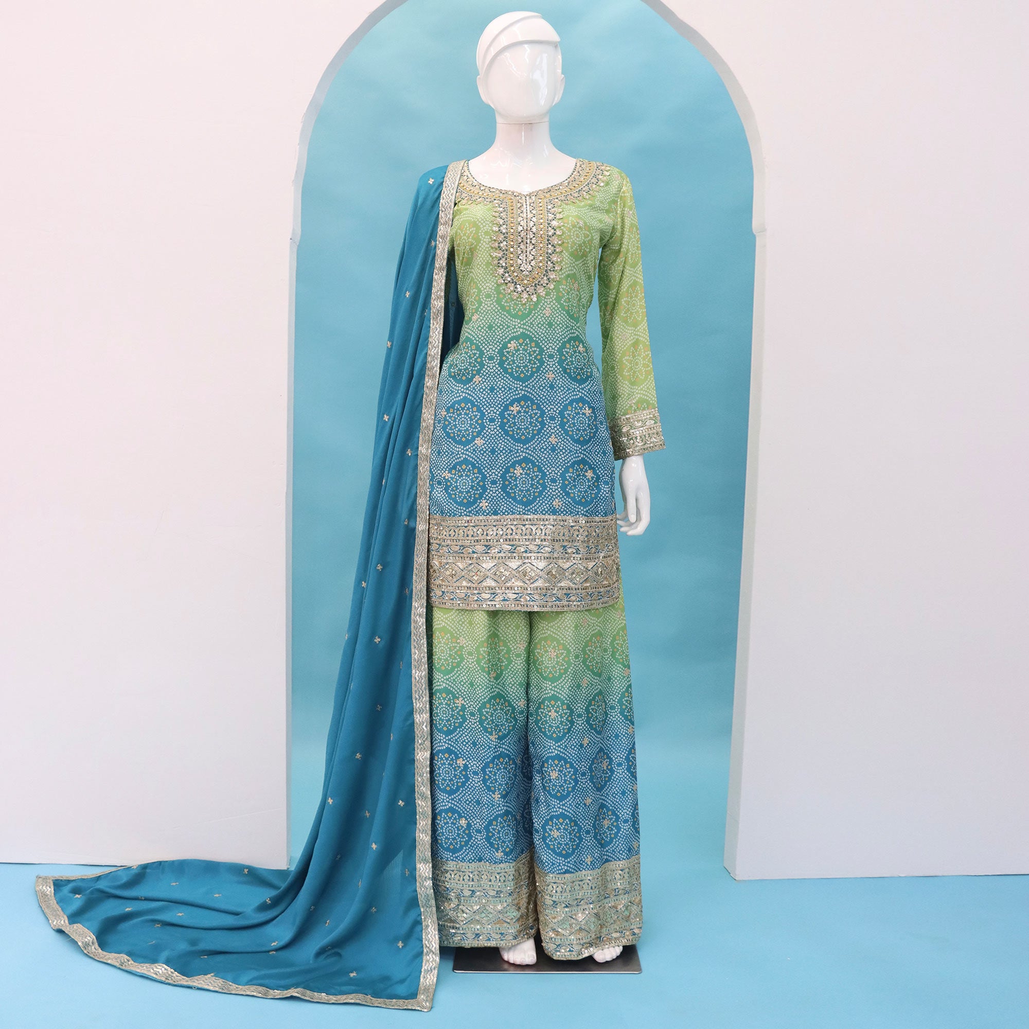 Sky Blue Embroidered Chinon Palazzo Suit