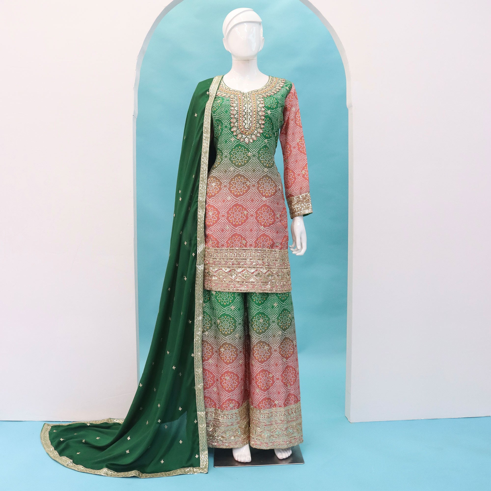 Green Embroidered Chinon Palazzo Suit