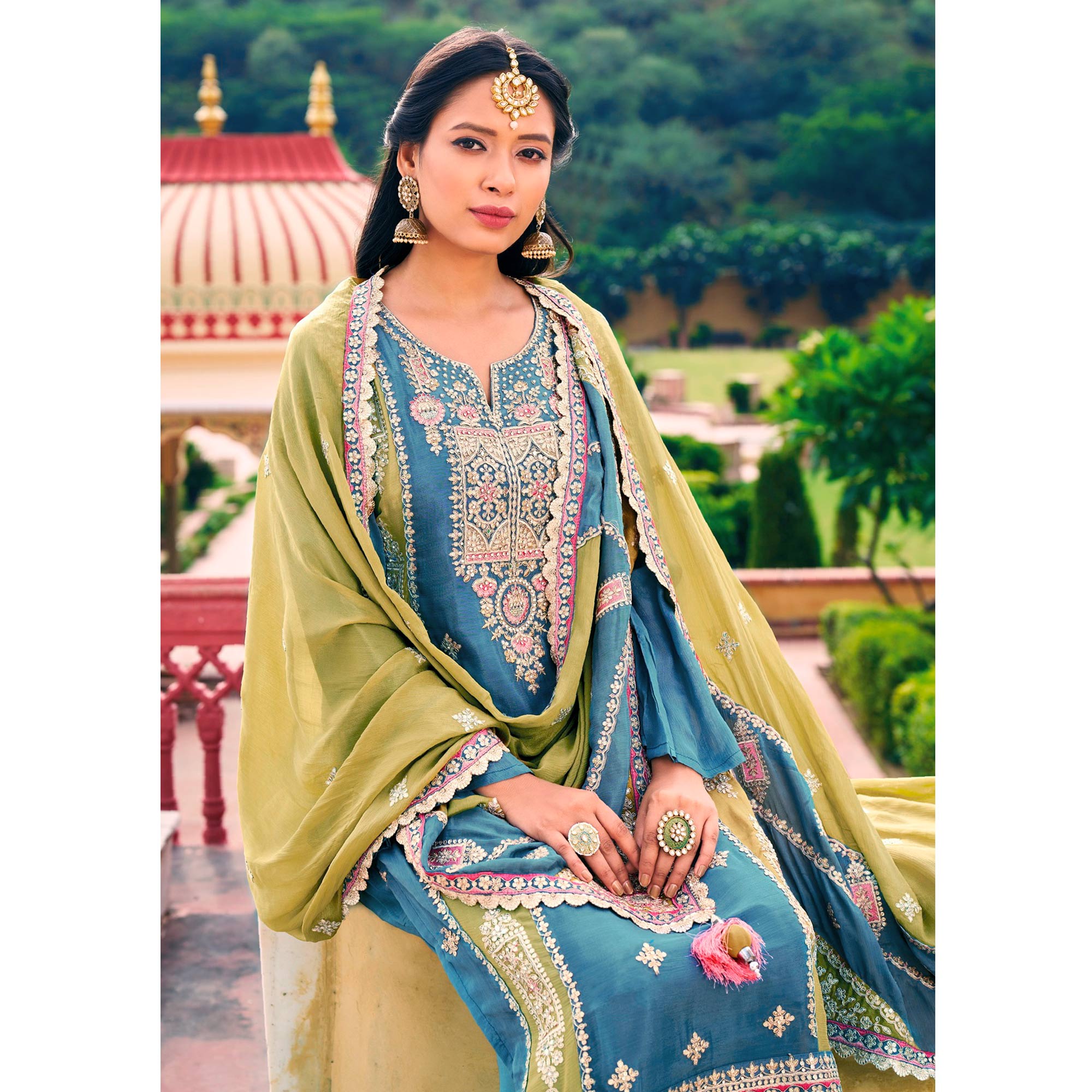 Blue Sequins Embroidered Chinon Salwar Suit