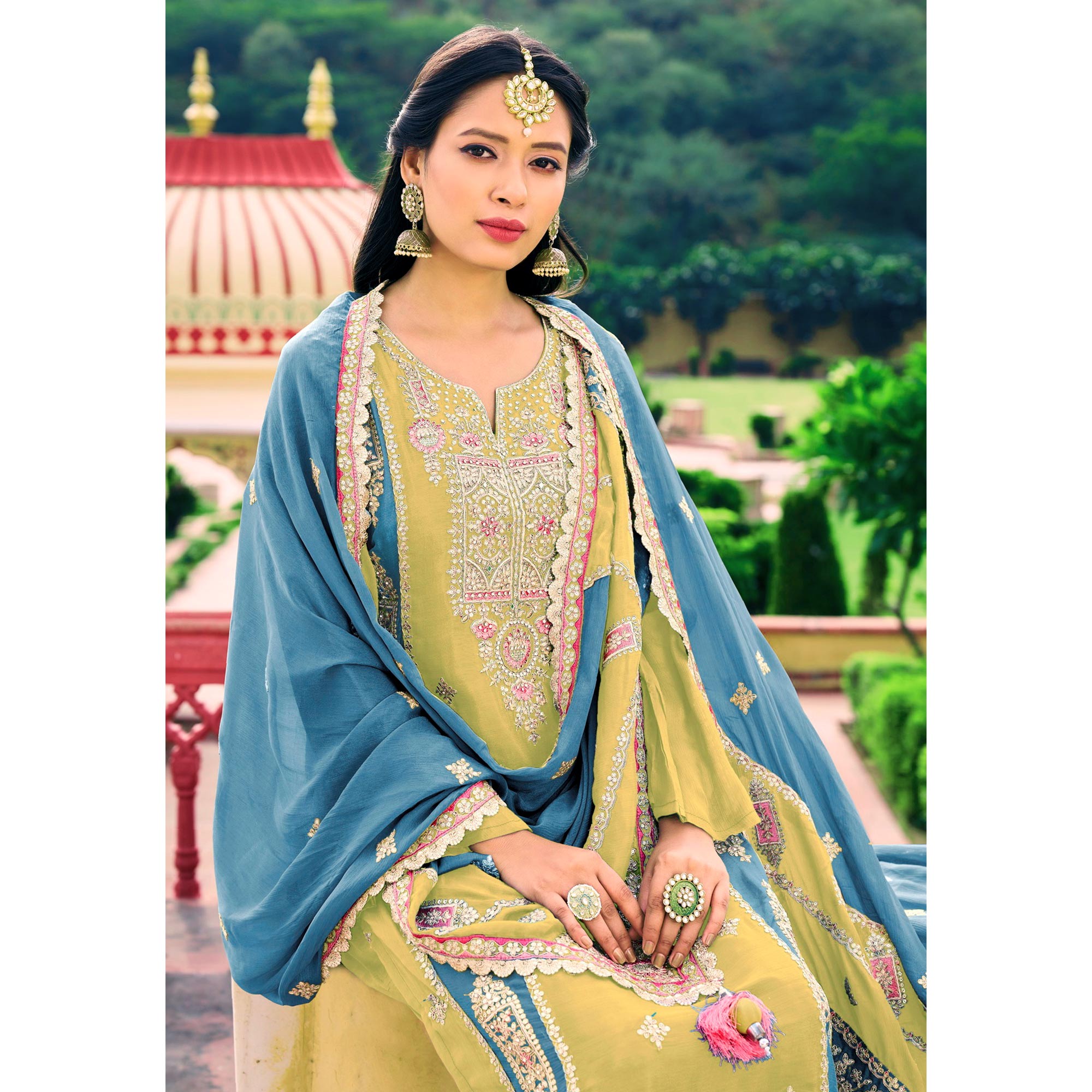 Lemon Yellow Sequins Embroidered Chinon Semi Stitched Salwar Suit