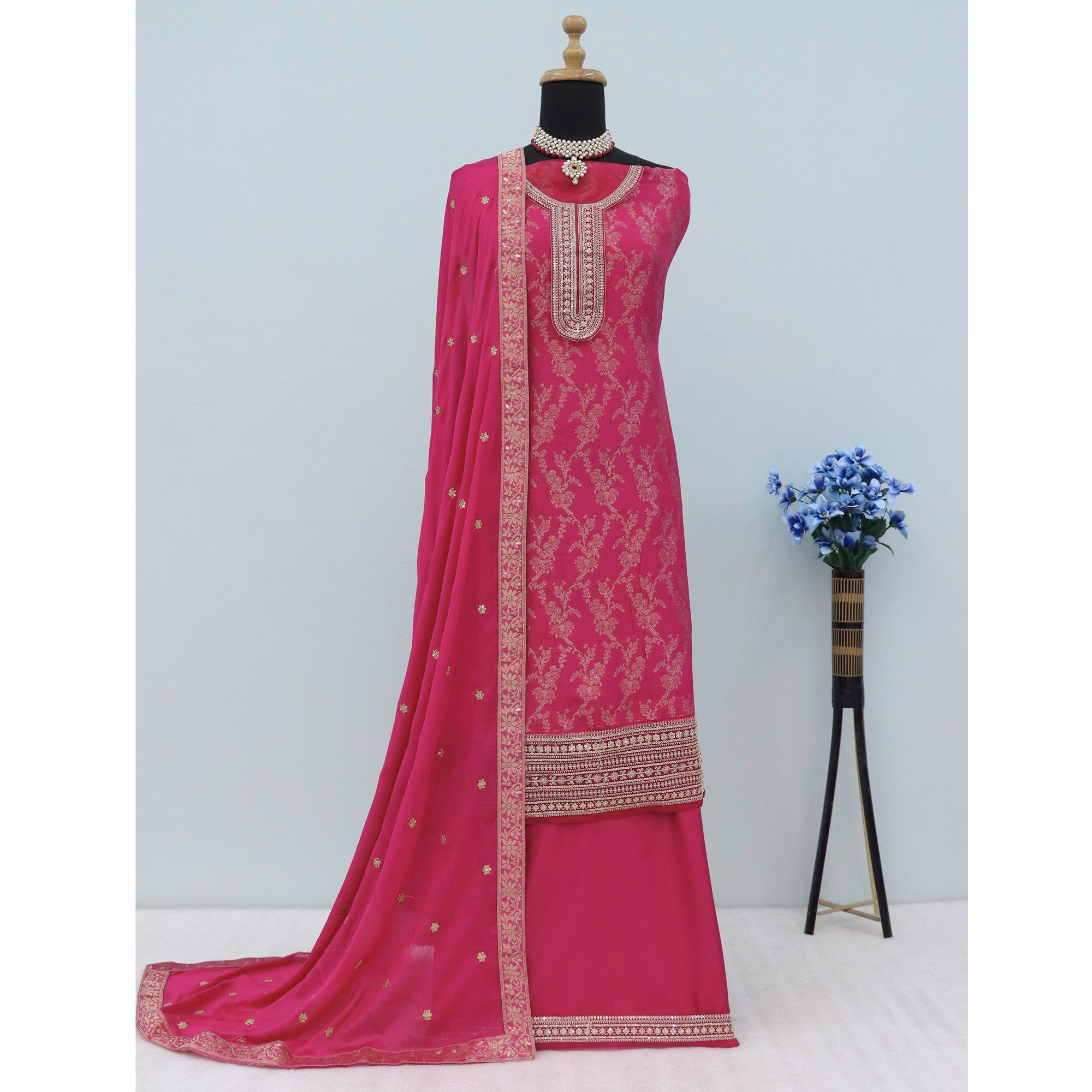 Pink Woven With Embroidered Jacquard Viscose Semi Stitched Salwar Suit