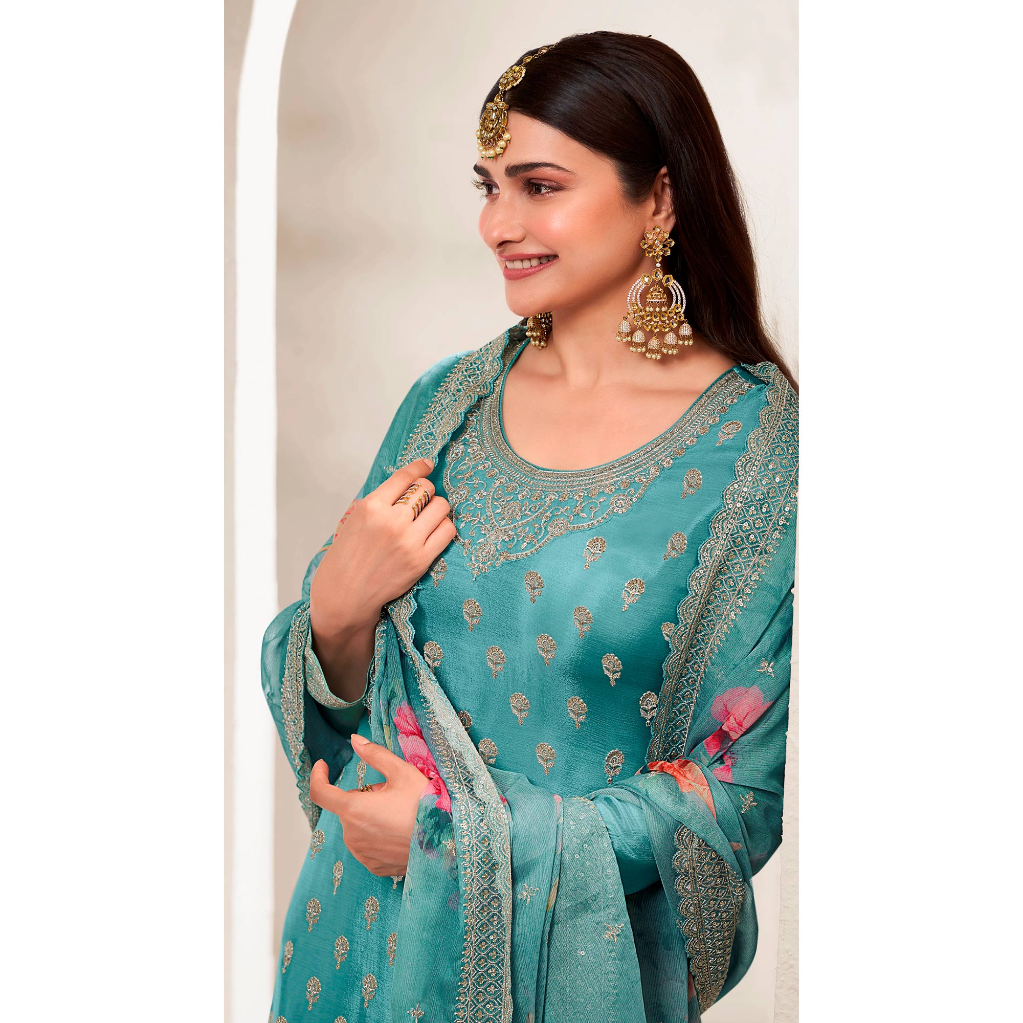 Teal Embroidered Chinon Semi Stitched Dress Material With Palazzo