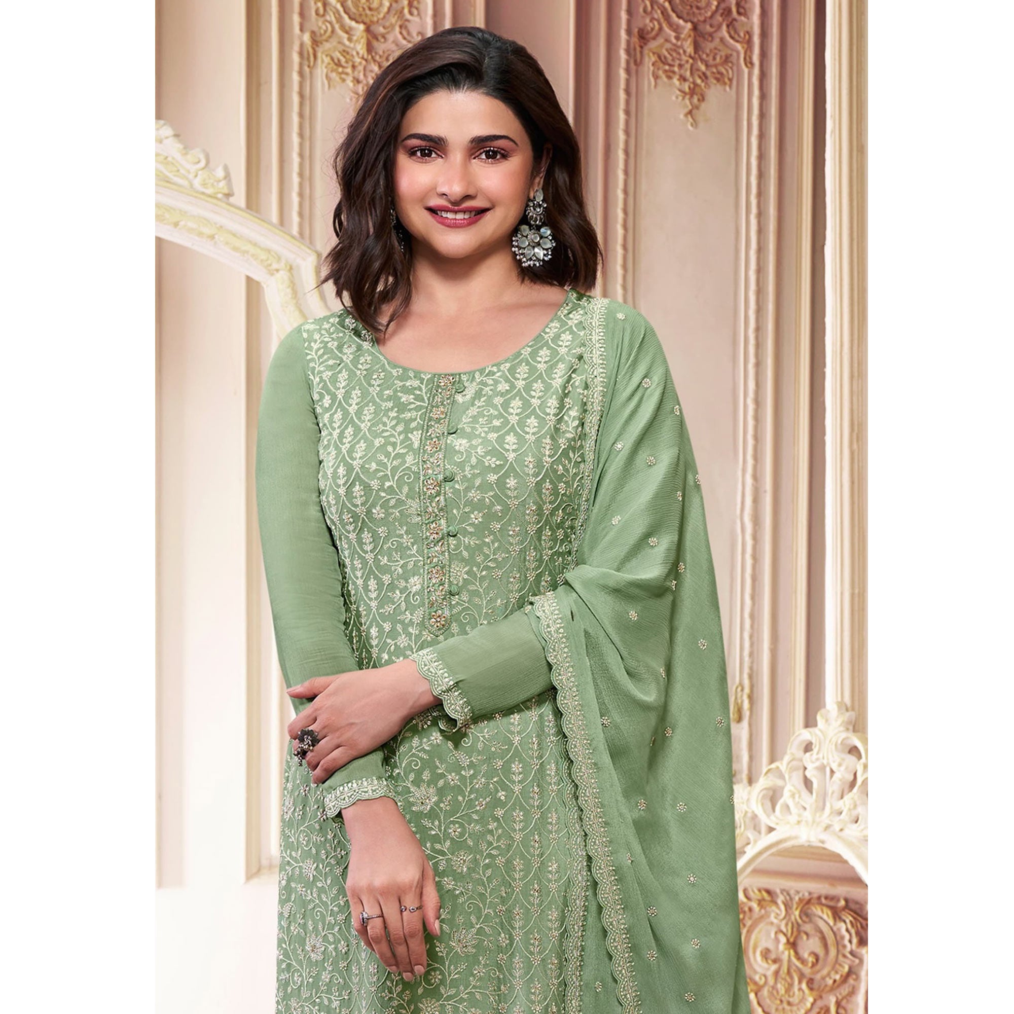 Green Embroidered With Diamond Work Chinon Silk Semi Stitched Suit