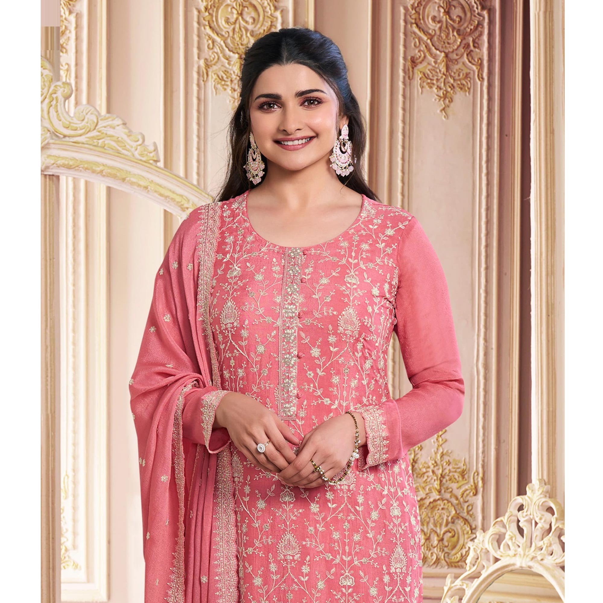 Peach Embroidered With Diamond Work Chinon Silk Semi Stitched Suit