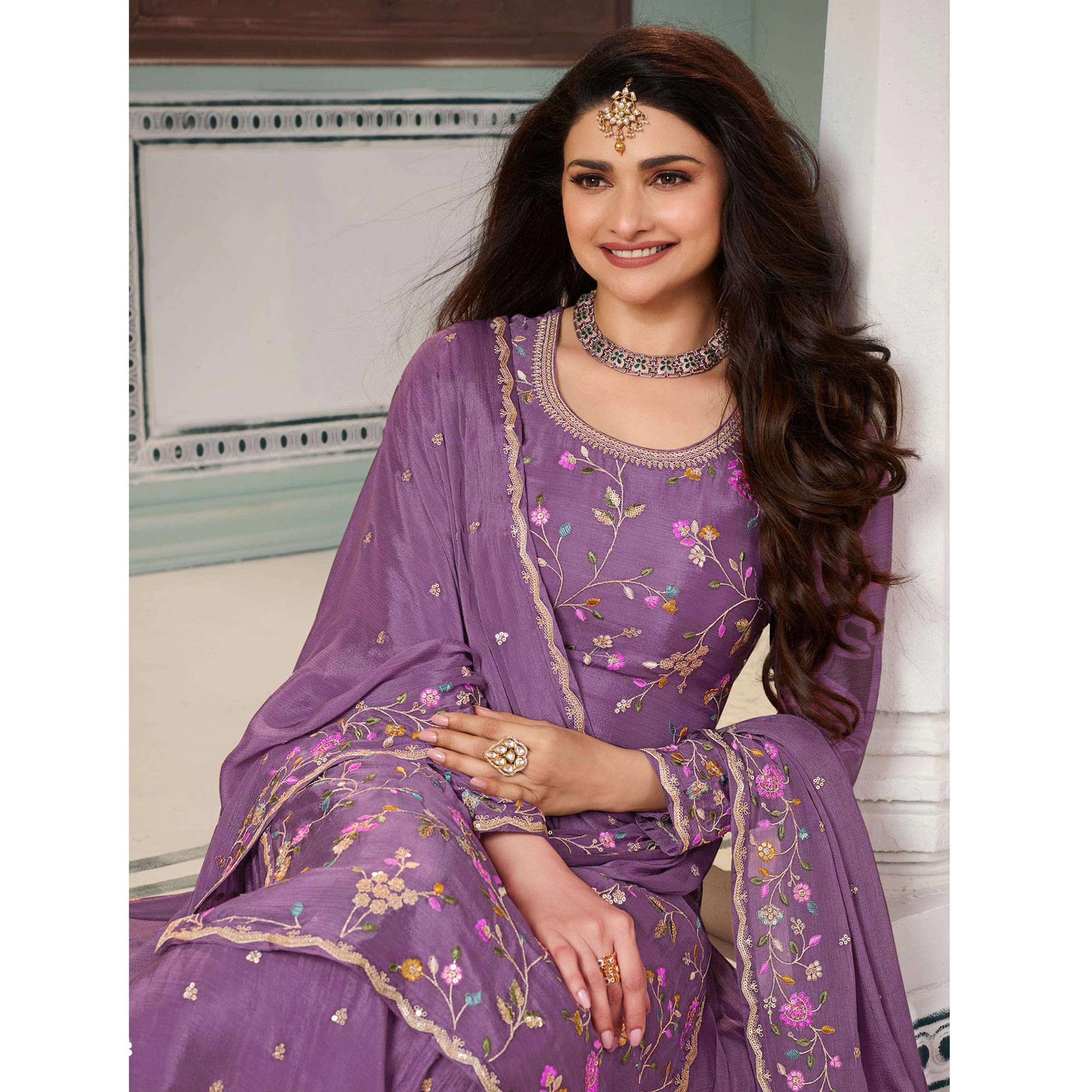 Dusty Purple Floral Embroidered Chinon Sharara Salwar Suit