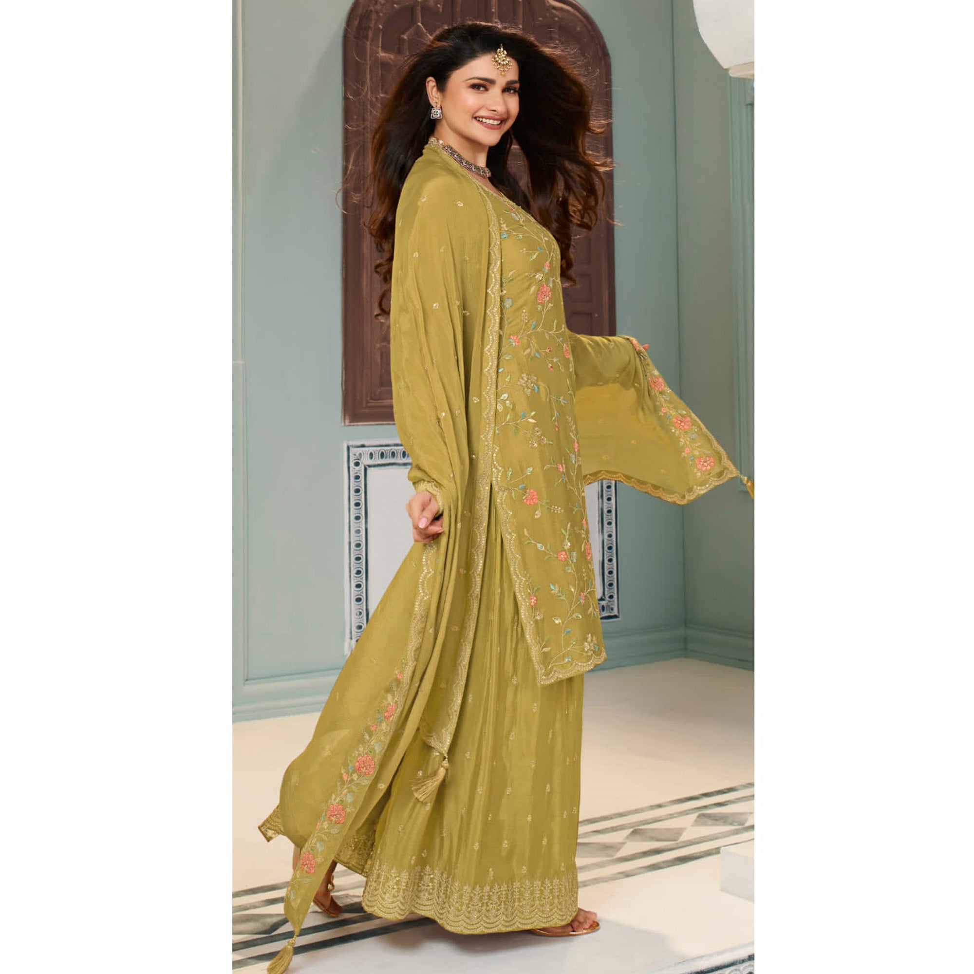 Mustard Floral Embroidered Chinon Sharara Salwar Suit