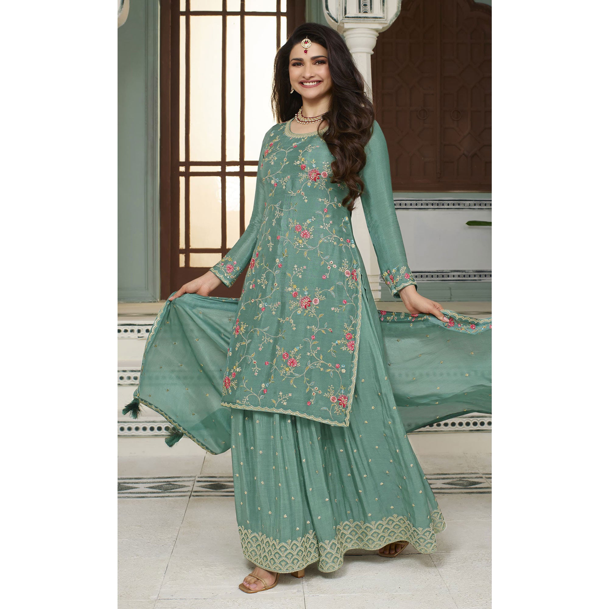 Dusty Green Floral Embroidered Chinon Sharara Salwar Suit