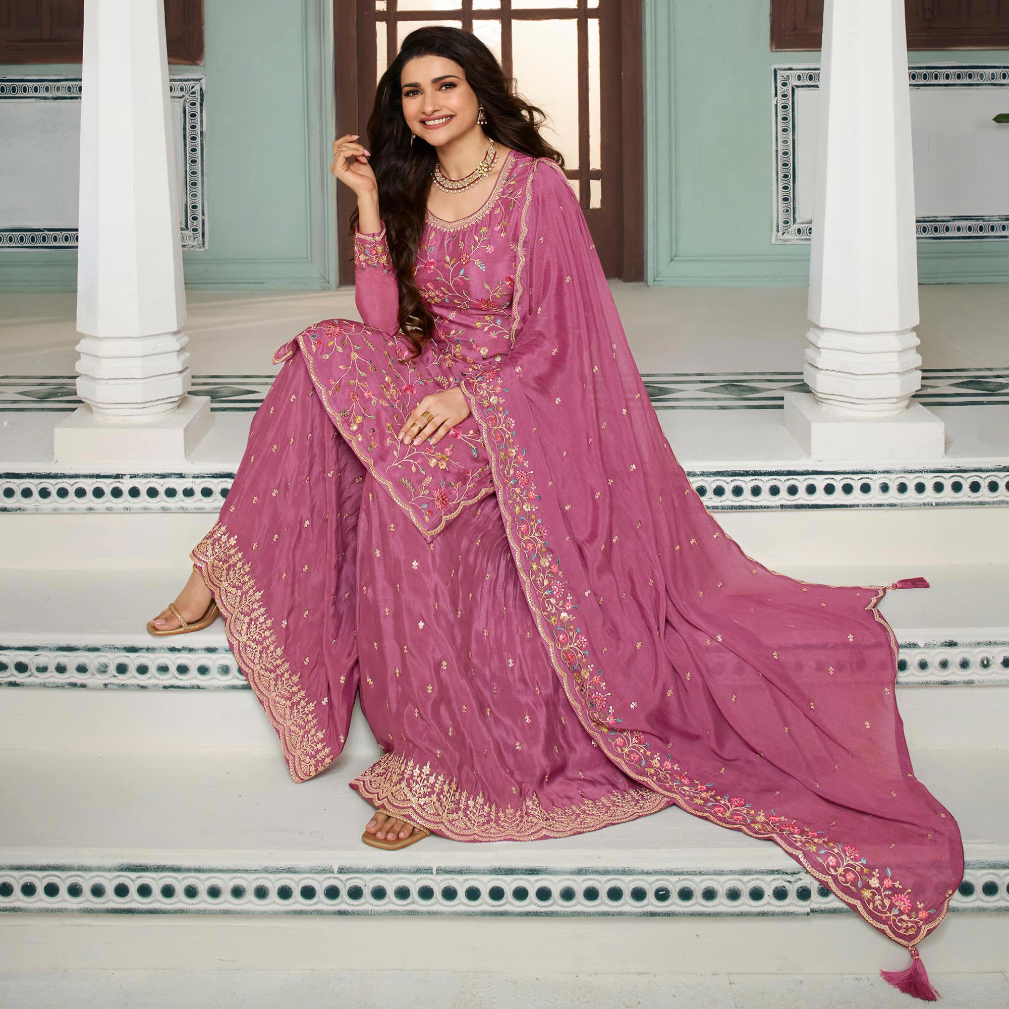 Dark Mauve Floral Embroidered Chinon Sharara Salwar Suit