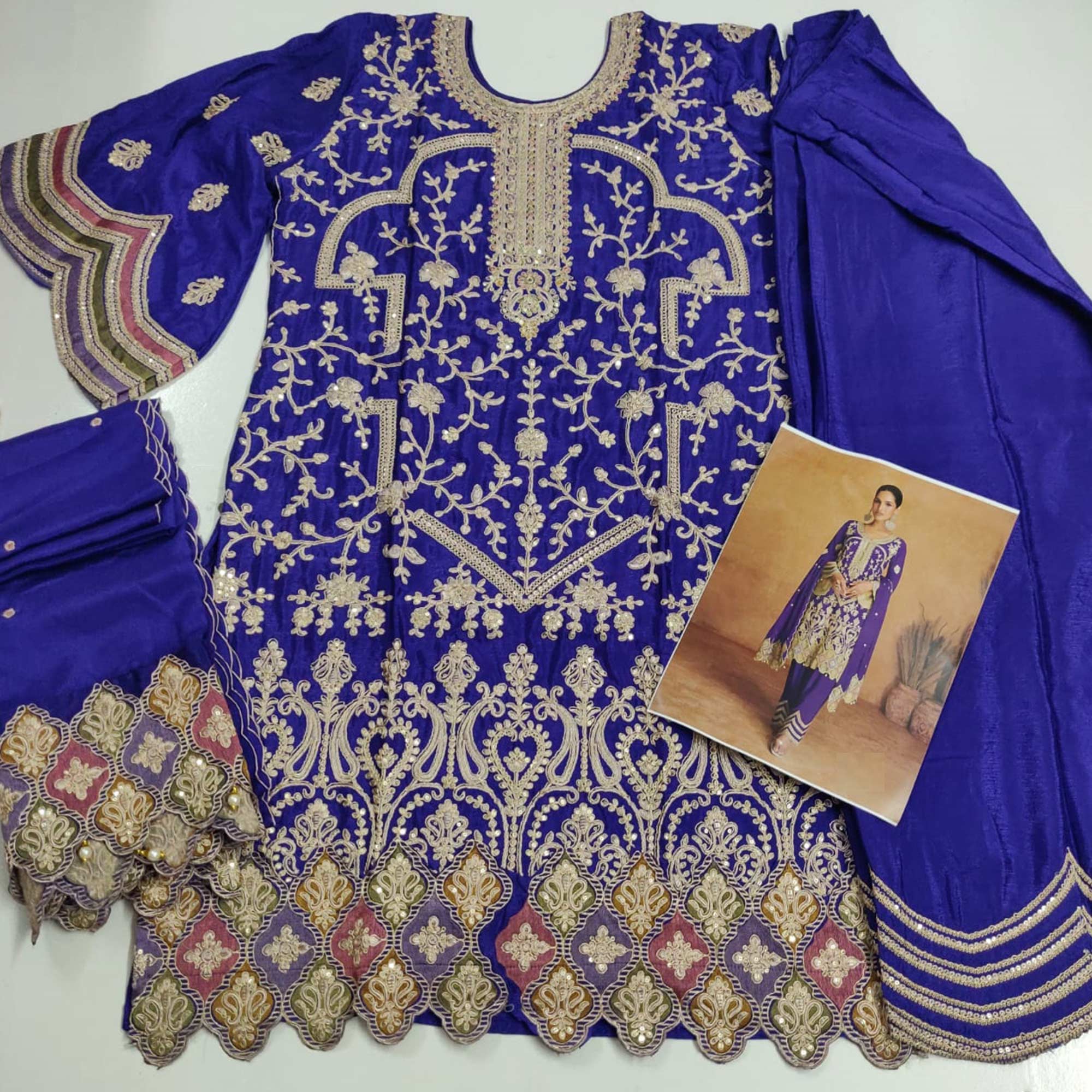 Blue Gem Floral Sequins Embroidered Chinon Palazzo Suit