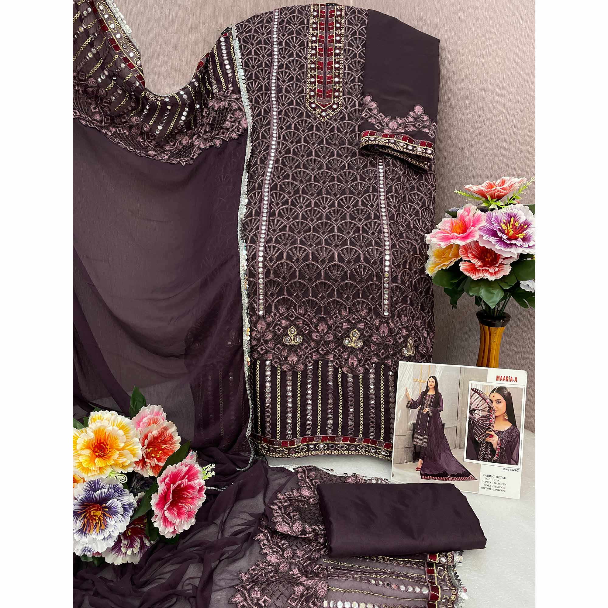 Wine Embroidered Georgette Semi Stitched Pakistani Suit