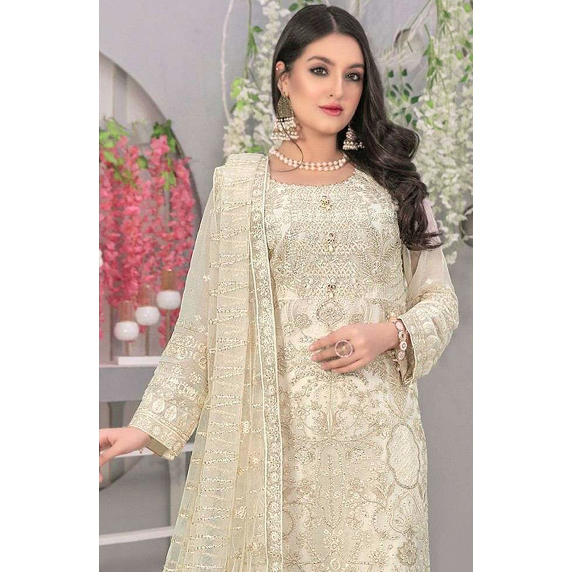 Cream Embroidered Georgette Semi Stitched Pakistani Suit
