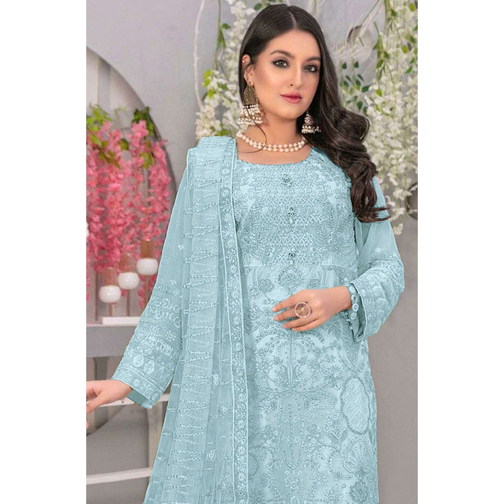 Blue Embroidered Georgette Semi Stitched Pakistani Suit