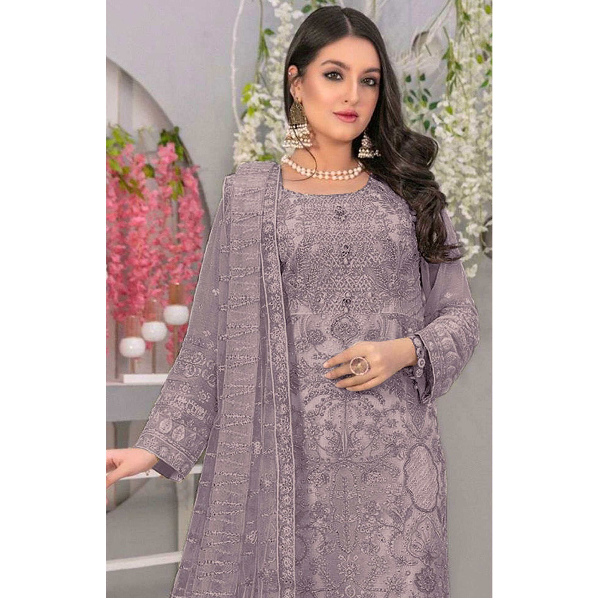 Grey Embroidered Georgette Semi Stitched Pakistani Suit