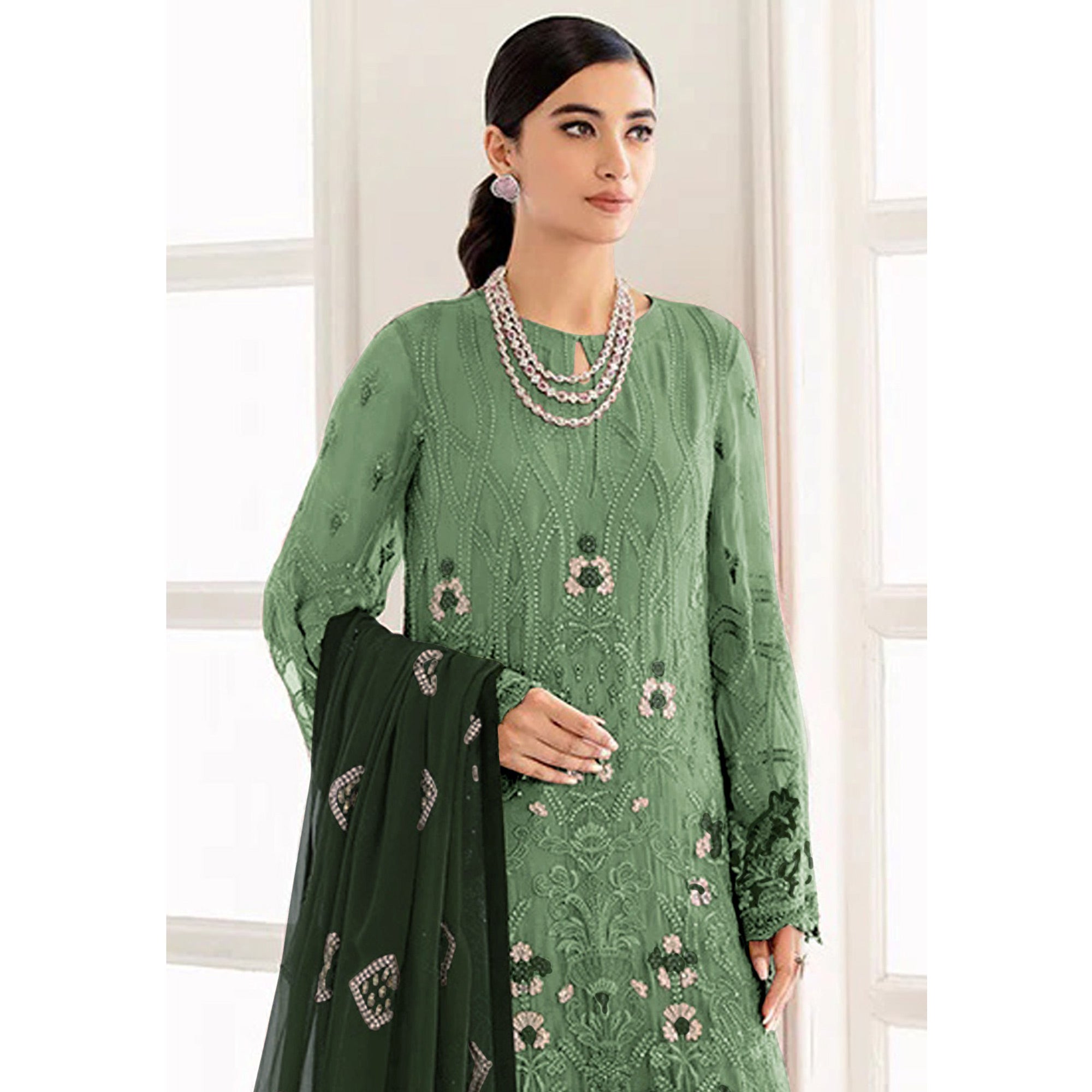 Green Embroidered Georgette Semi Stitched Pakistani Suit