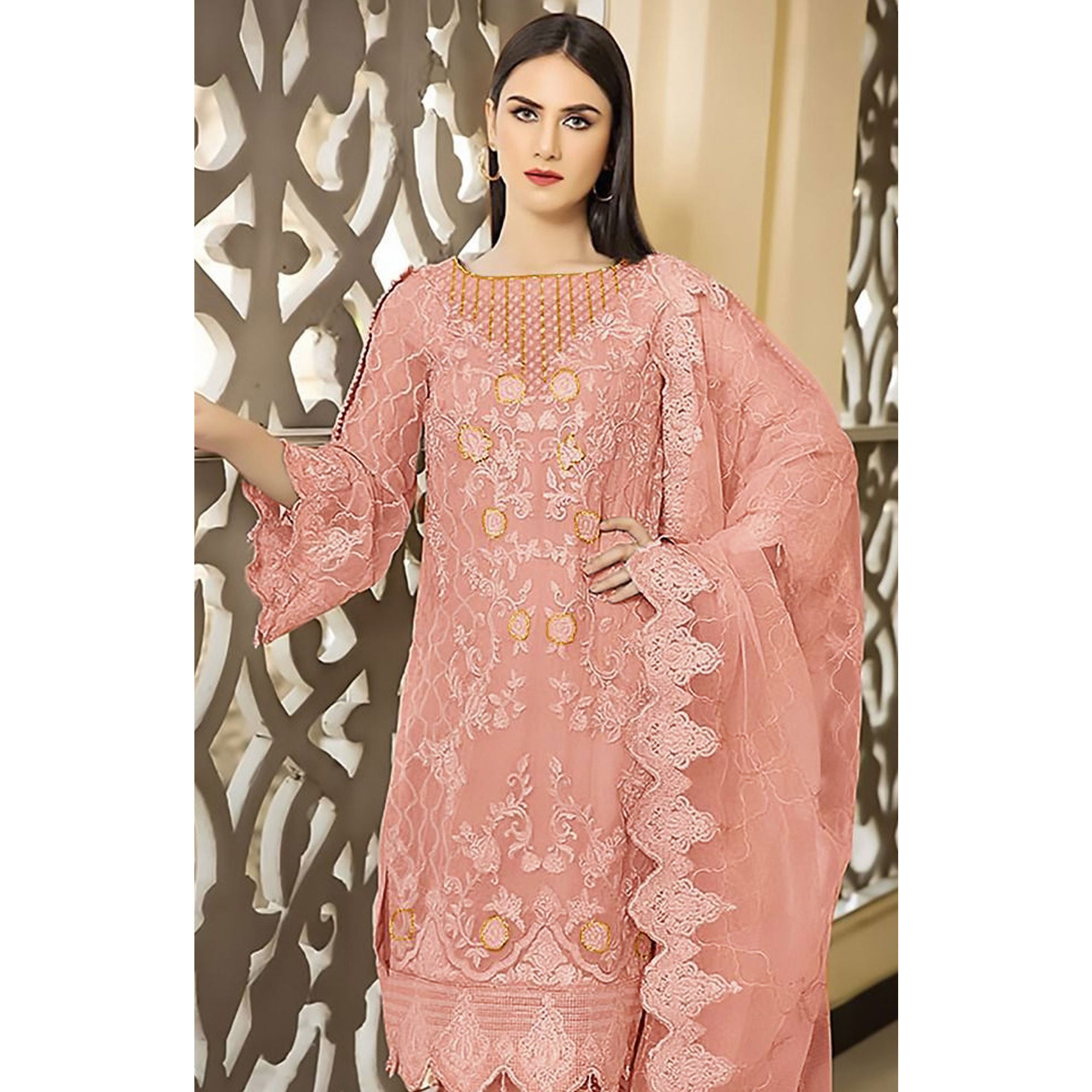 Peach Floral Embroidered Georgette Semi Stitched Pakistani Suit