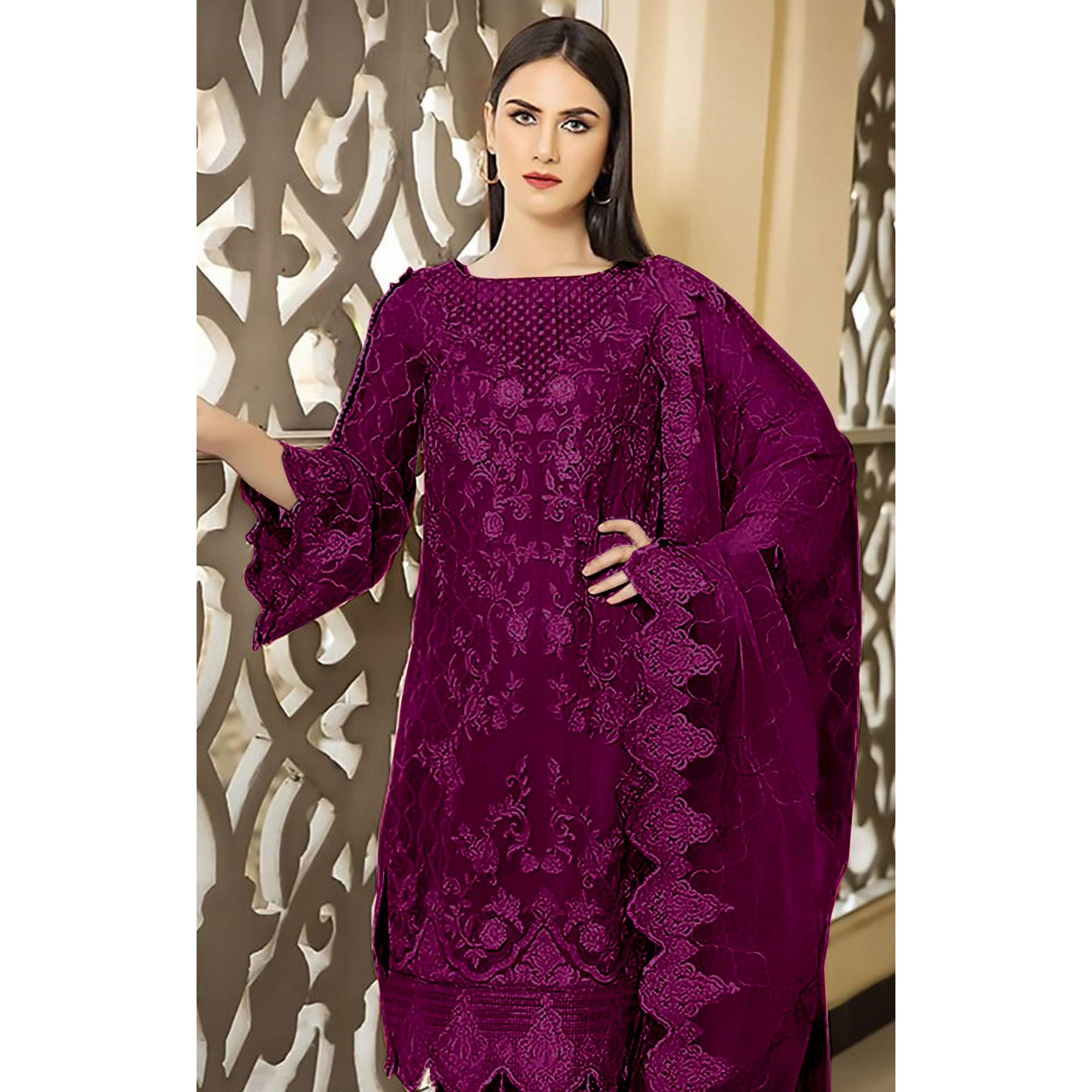 Wine Floral Embroidered Georgette Semi Stitched Pakistani Suit