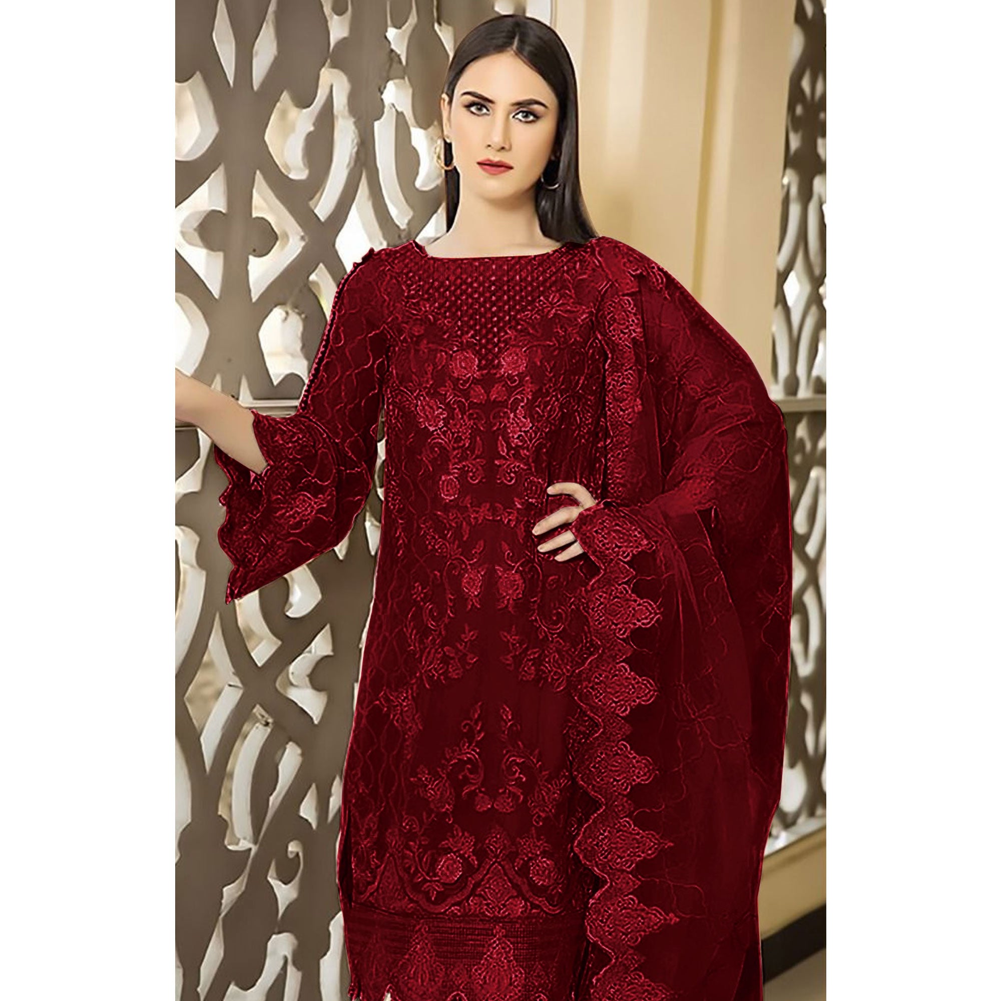 Maroon Floral Embroidered Georgette Semi Stitched Pakistani Suit