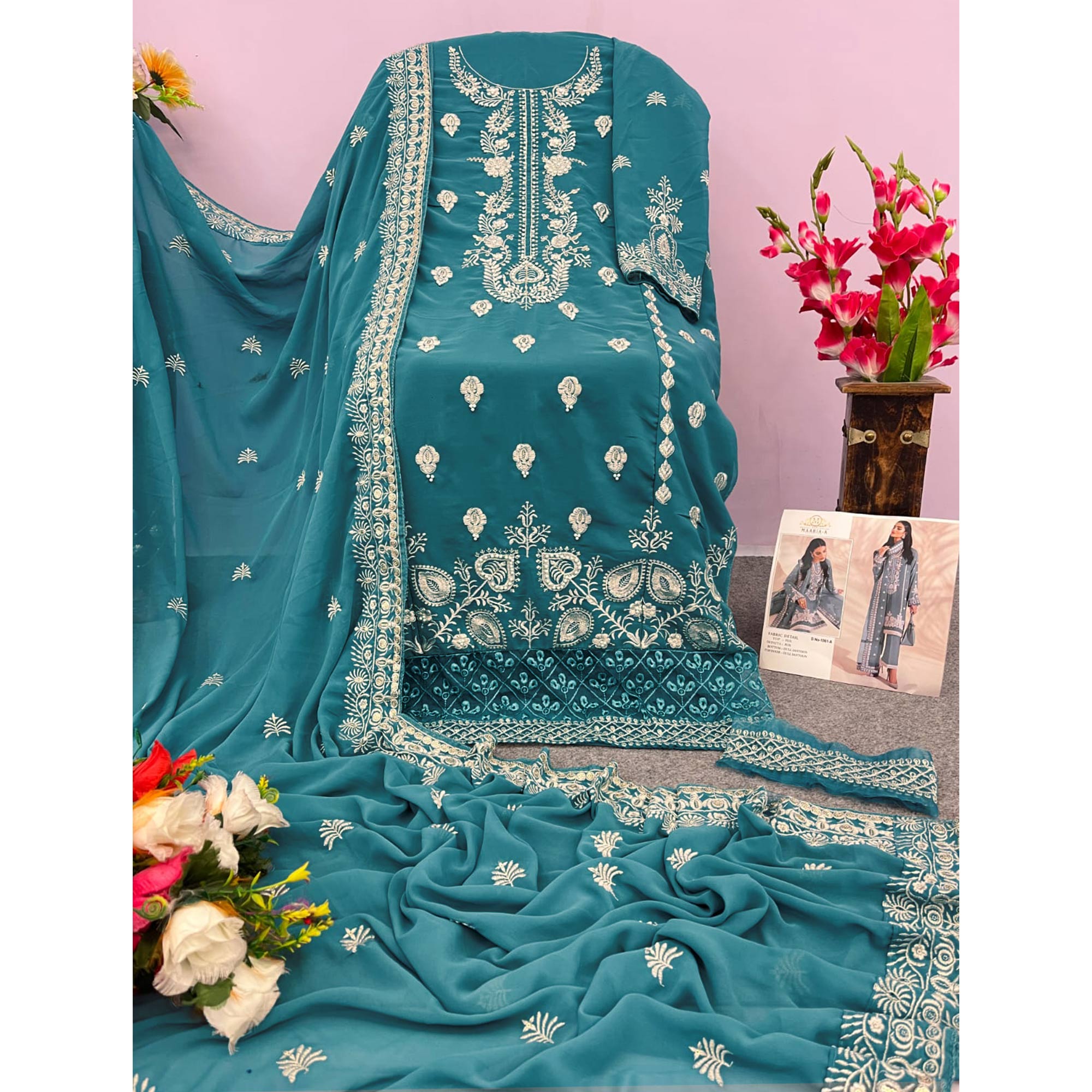 Rama Blue Floral Embroidered Georgette Semi Stitched Pakistani Suit