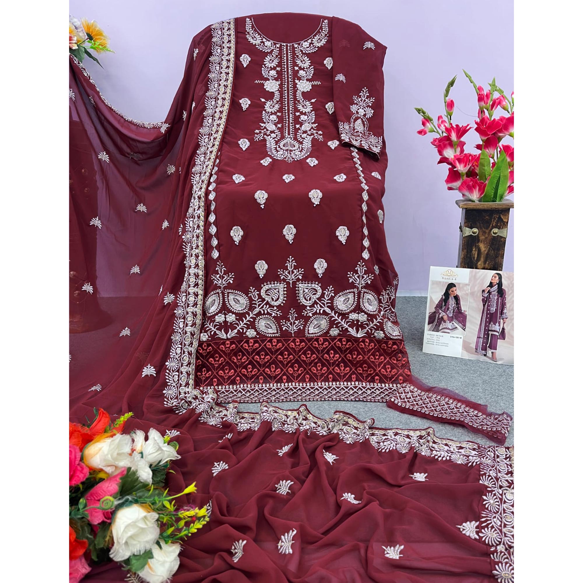 Brick Red Floral Embroidered Georgette Semi Stitched Pakistani Suit