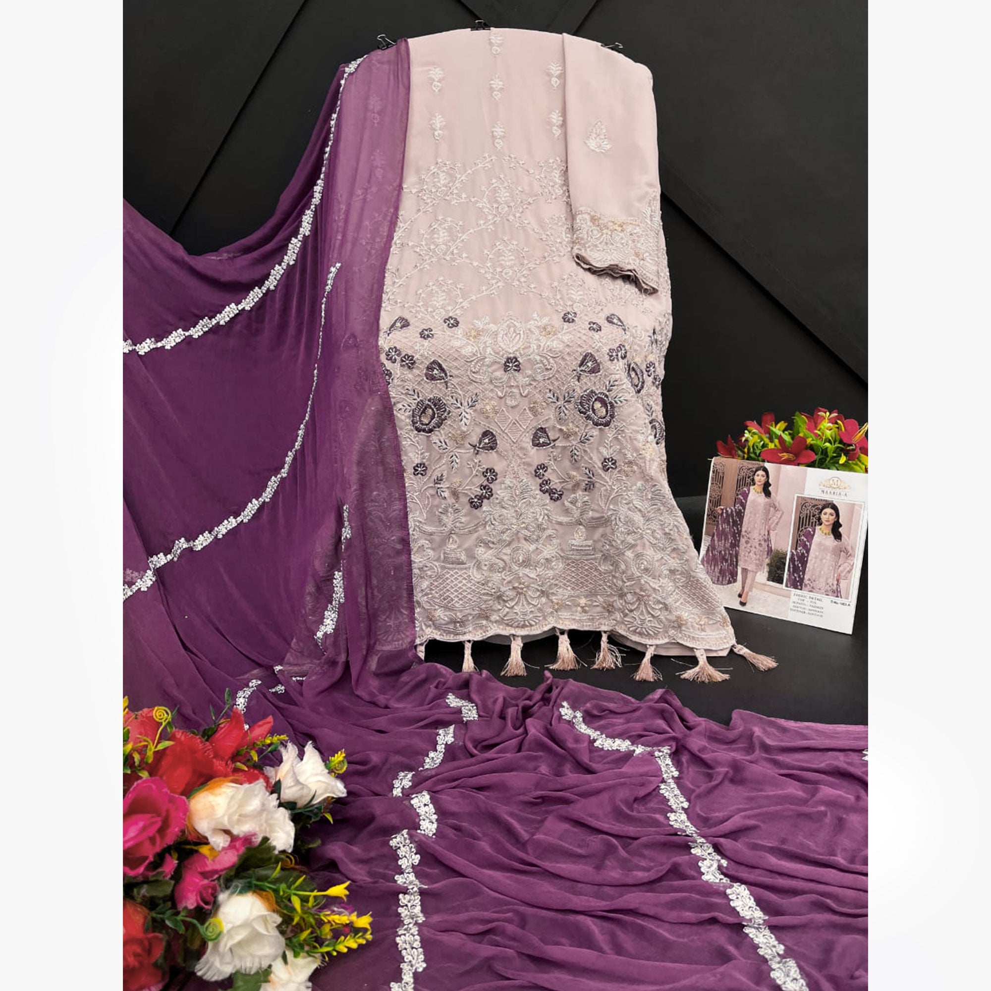 Peach Floral Embroidered Georgette Semi Stitched Pakistani Suit