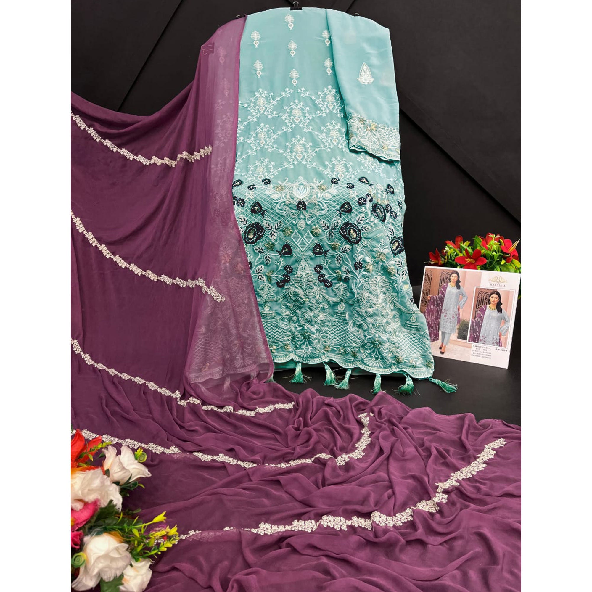 Blue Floral Embroidered Georgette Semi Stitched Pakistani Suit