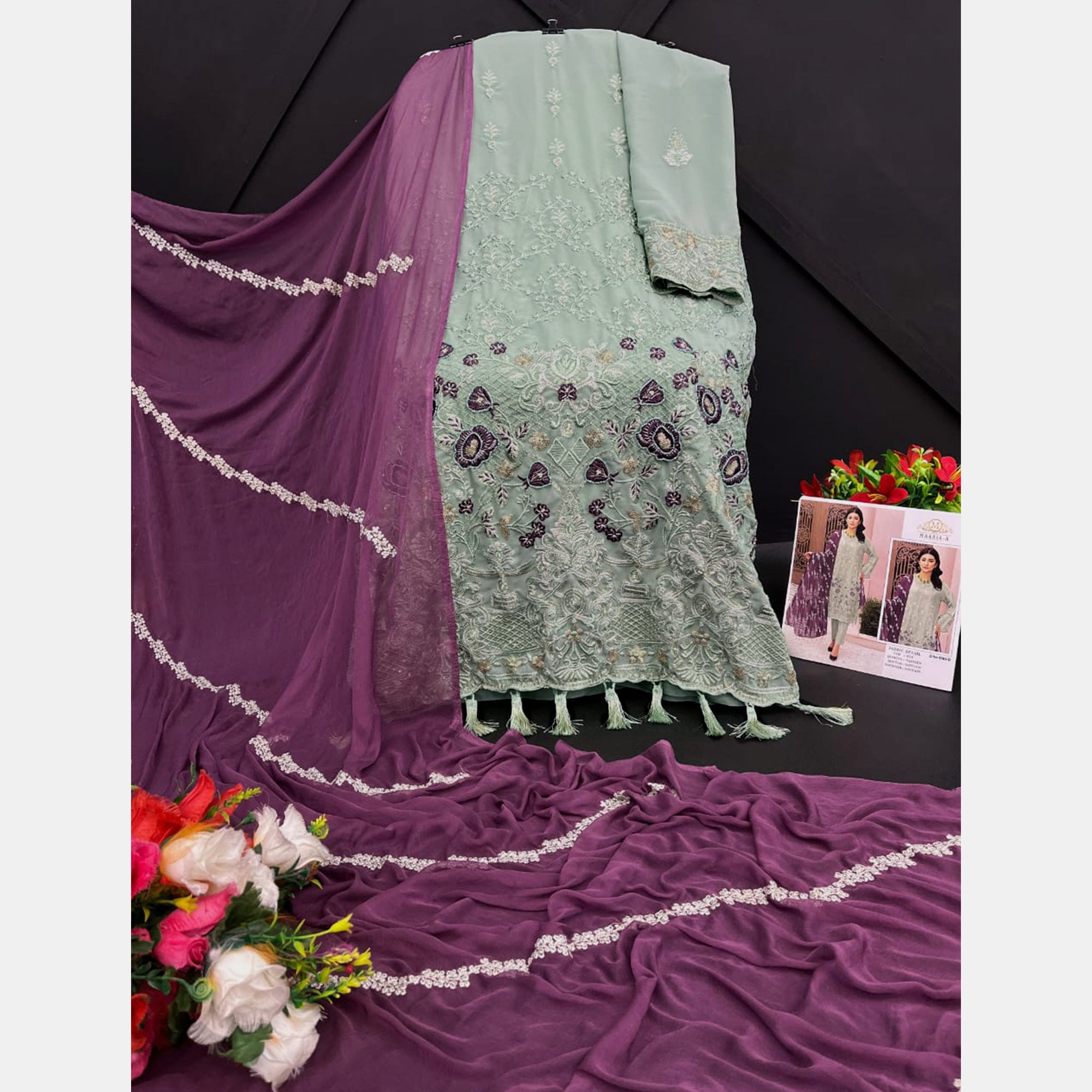 Green Floral Embroidered Georgette Semi Stitched Pakistani Suit