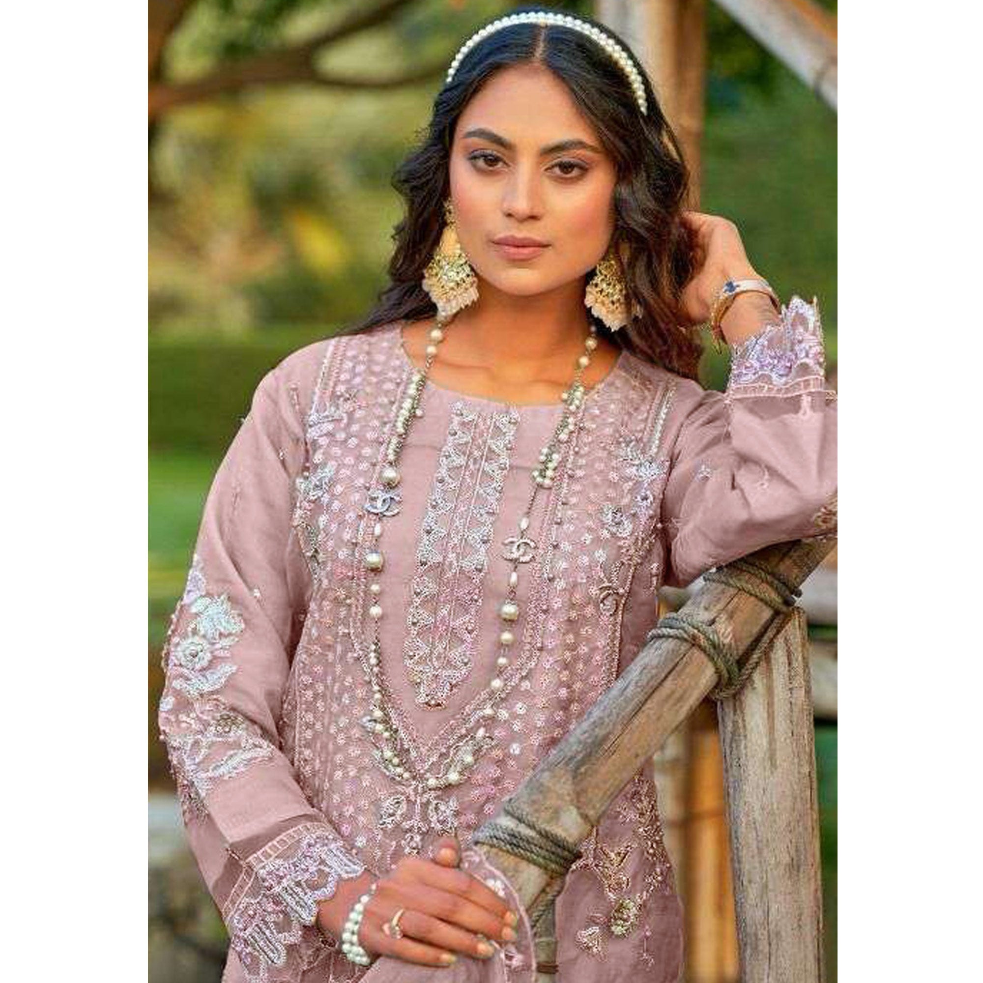 Lilac Purple Floral Embroidered Organza Semi Stitched Pakistani Suit