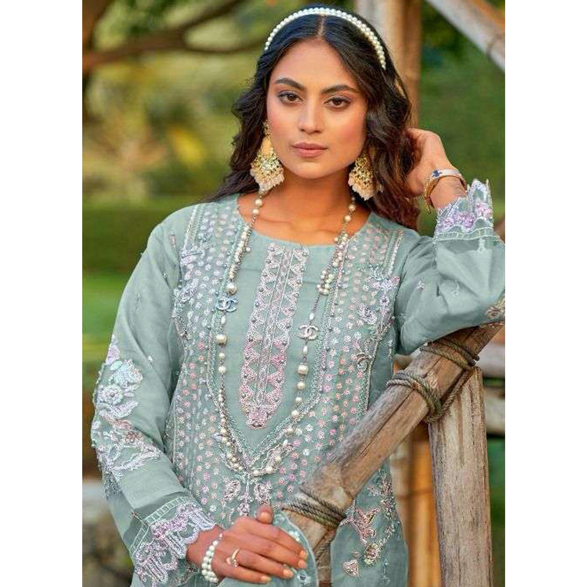 Light Turquoise Floral Embroidered Organza Semi Stitched Pakistani Suit