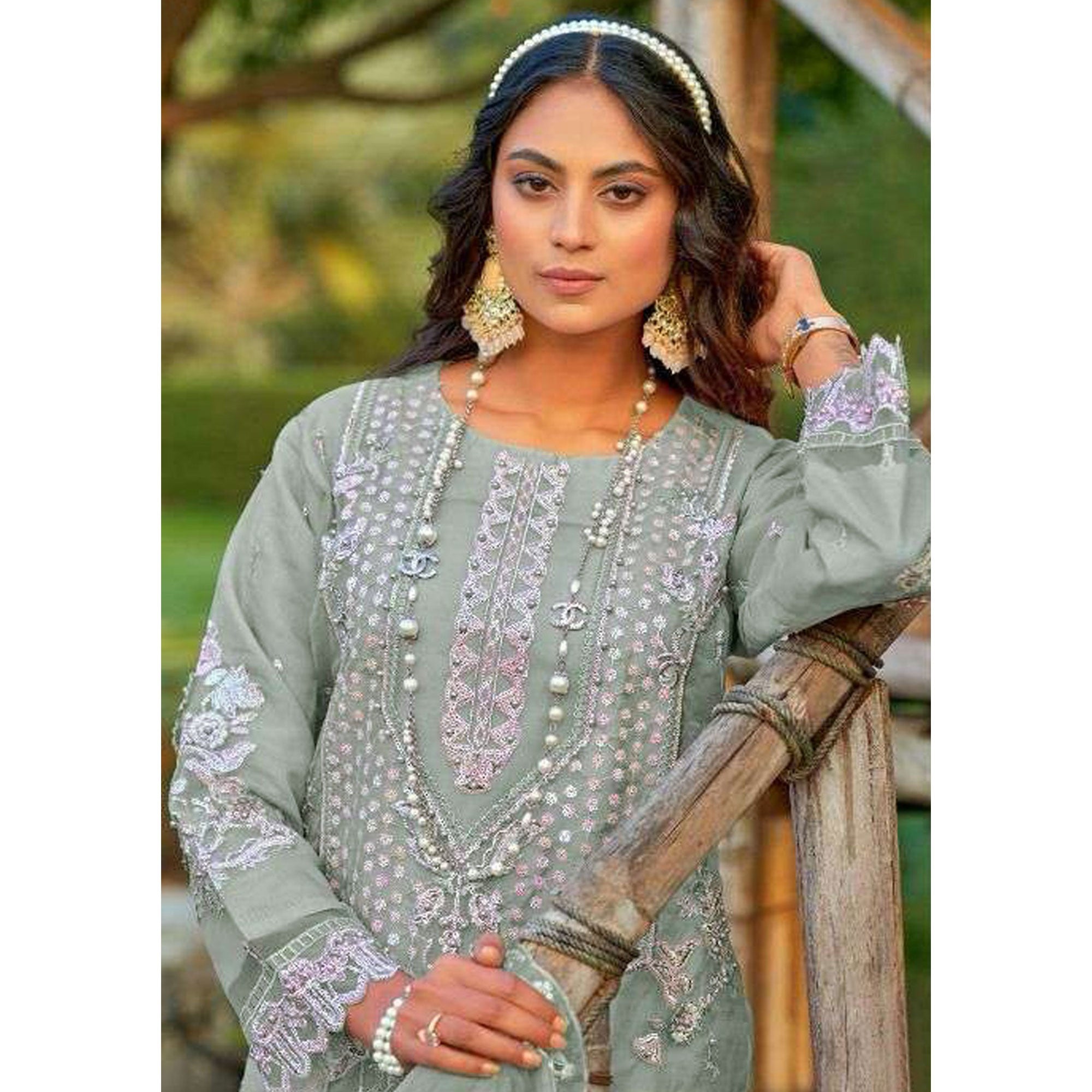 Green Floral Embroidered Organza Semi Stitched Pakistani Suit