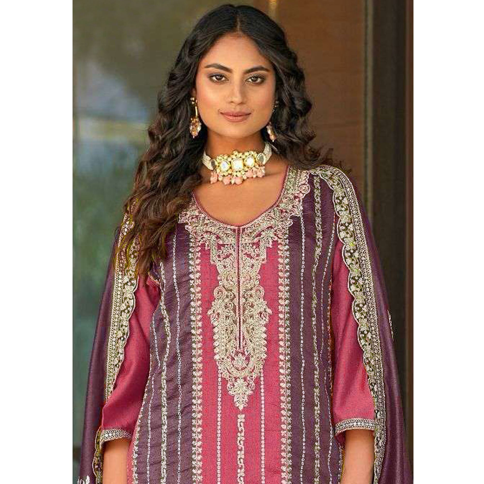 Pink Floral Embroidered Vichitra Silk Semi Stitched Pakistani Suit