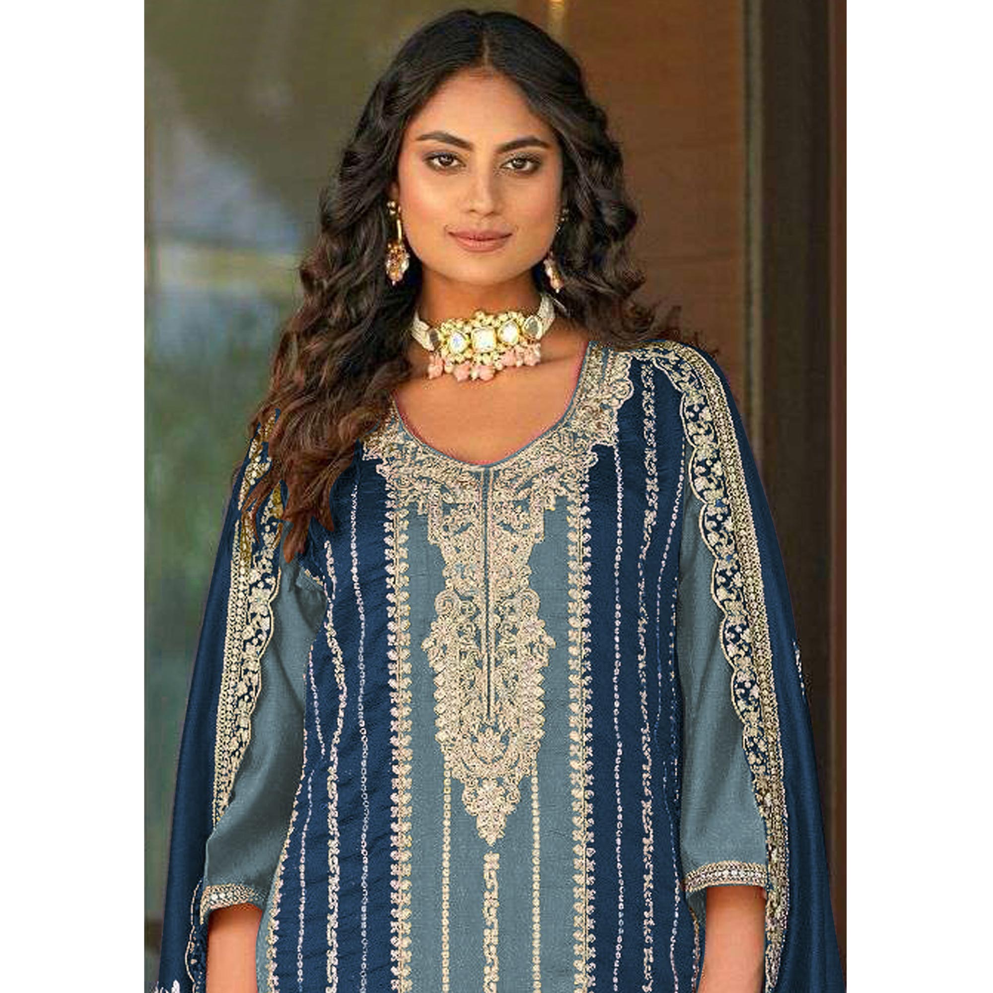 Sky Blue Floral Embroidered Vichitra Silk Semi Stitched Pakistani Suit