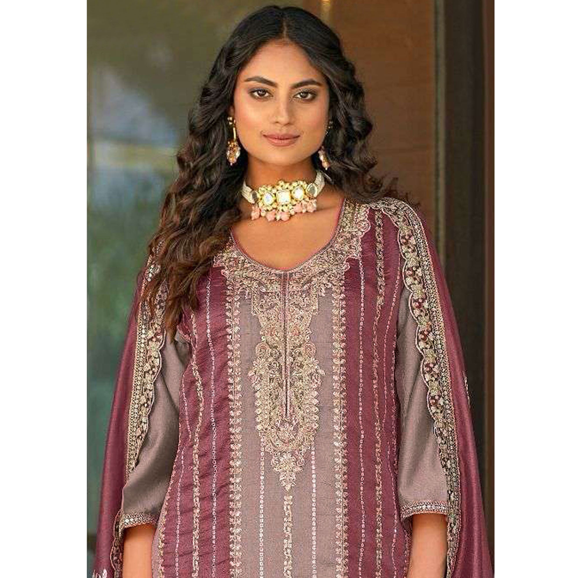 Mauve Floral Embroidered Vichitra Silk Semi Stitched Pakistani Suit