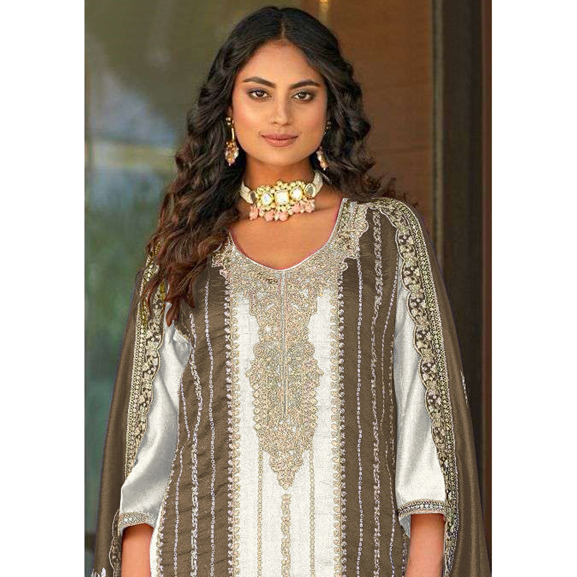White Floral Embroidered Vichitra Silk Semi Stitched Pakistani Suit