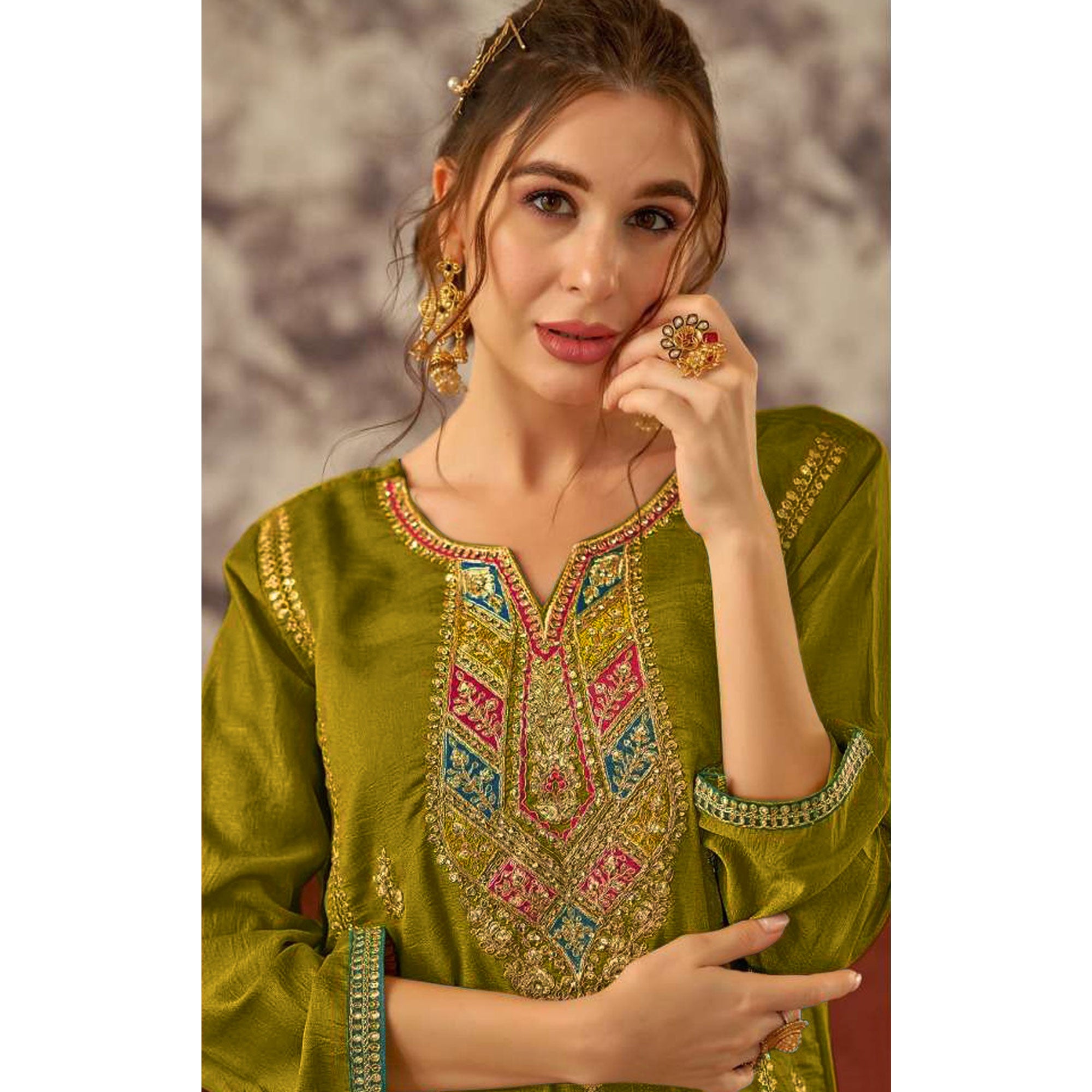 Green Floral Embroidered Vichitra Silk Semi Stitched Pakistani Dress Material