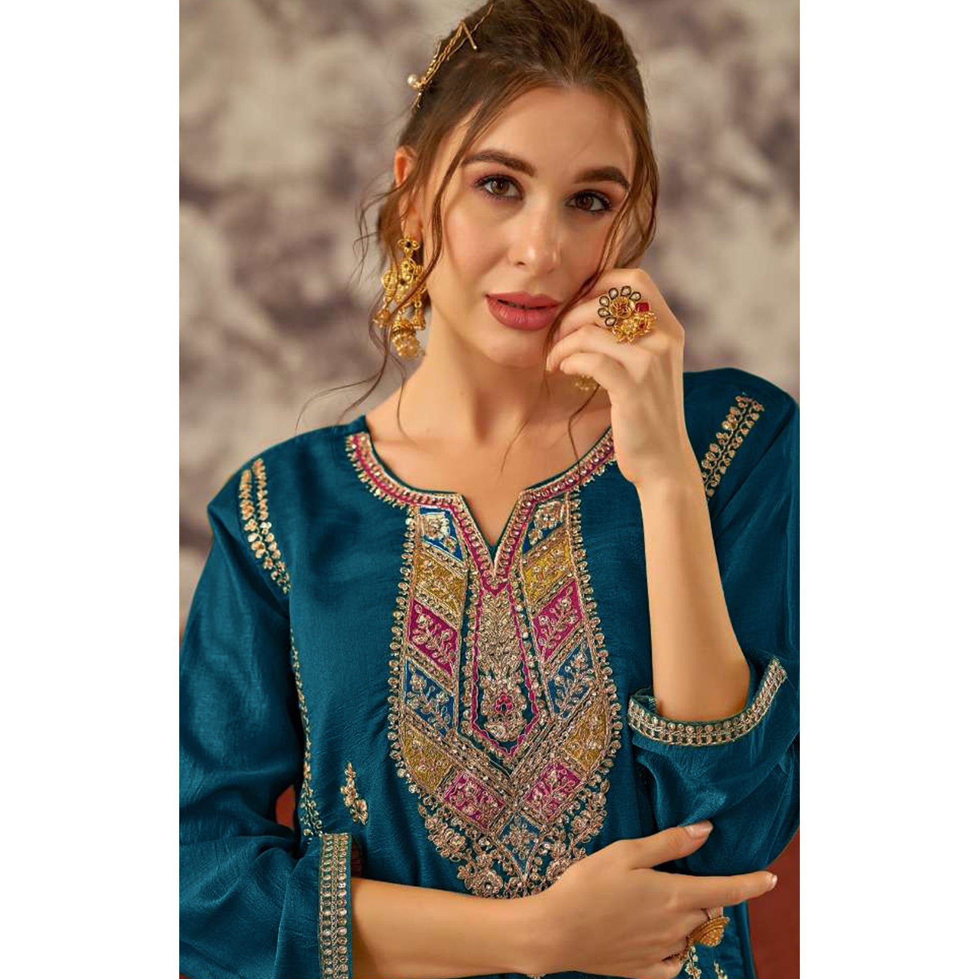 Morpich Floral Embroidered Vichitra Silk Semi Stitched Pakistani Dress Material