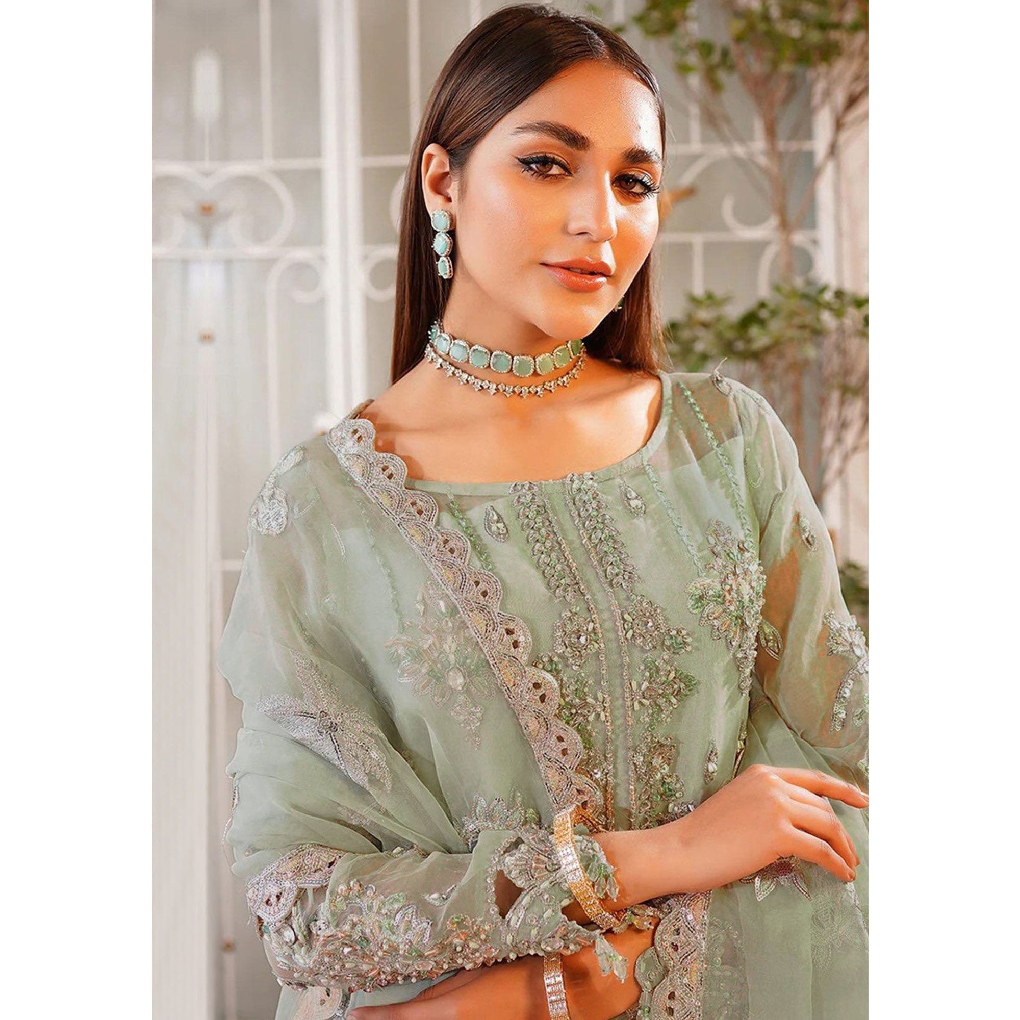 Green Floral Sequins Embroidered Organza Semi Stitched Pakistani Suit