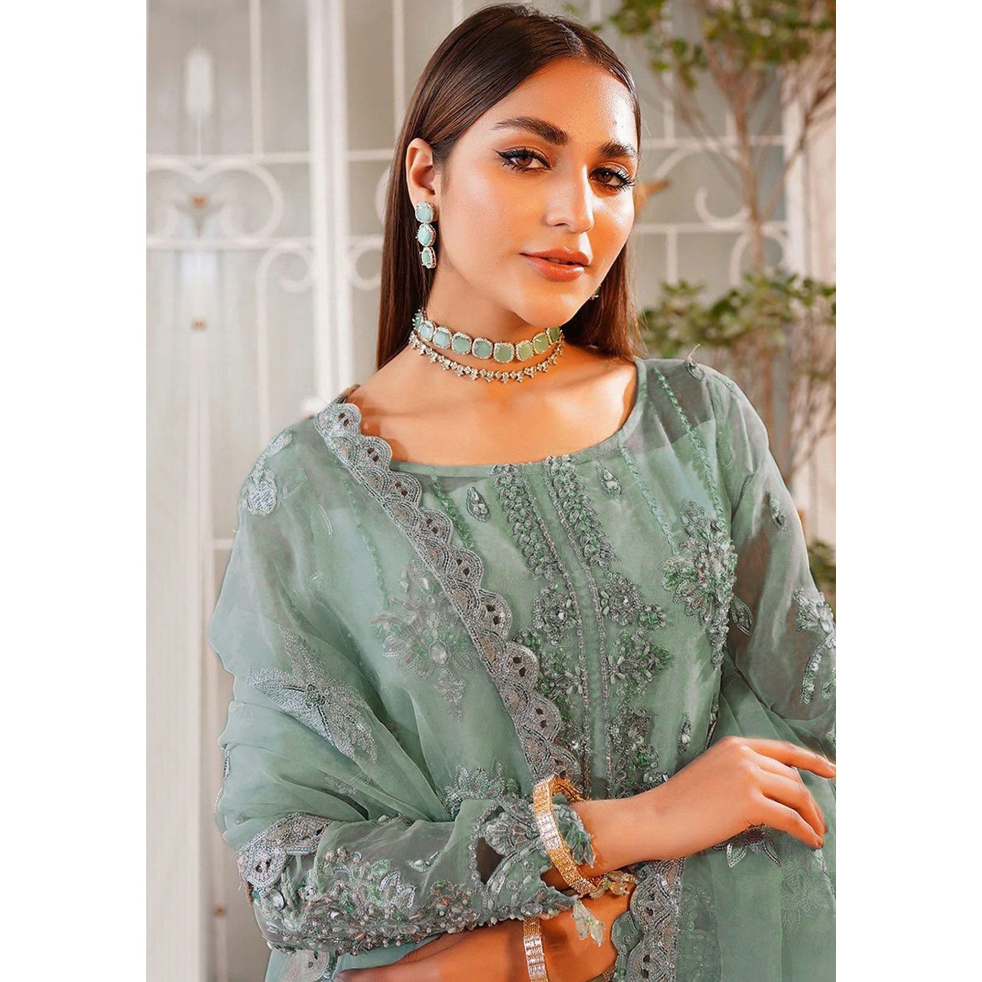 Dusty Green Floral Sequins Embroidered Organza Semi Stitched Pakistani Suit