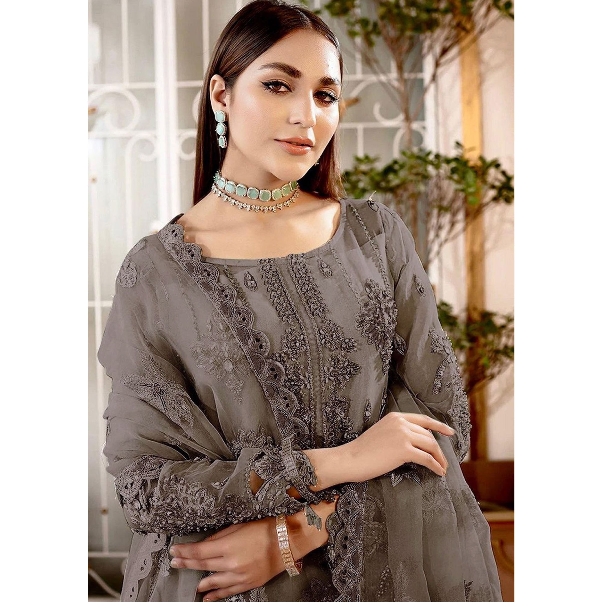 Grey Floral Sequins Embroidered Organza Semi Stitched Pakistani Suit