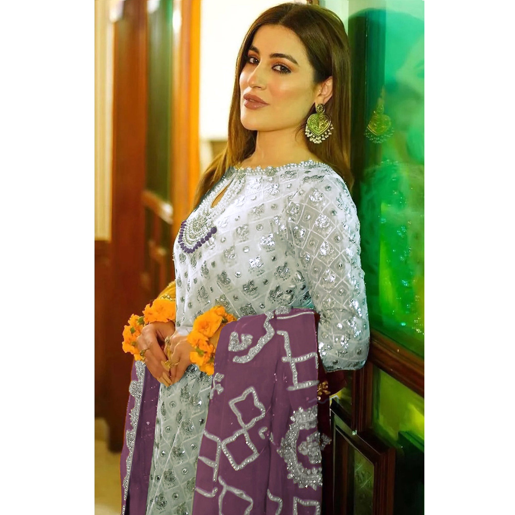 Off White Floral Embroidered Georgette Semi Stitched Pakistani Suit