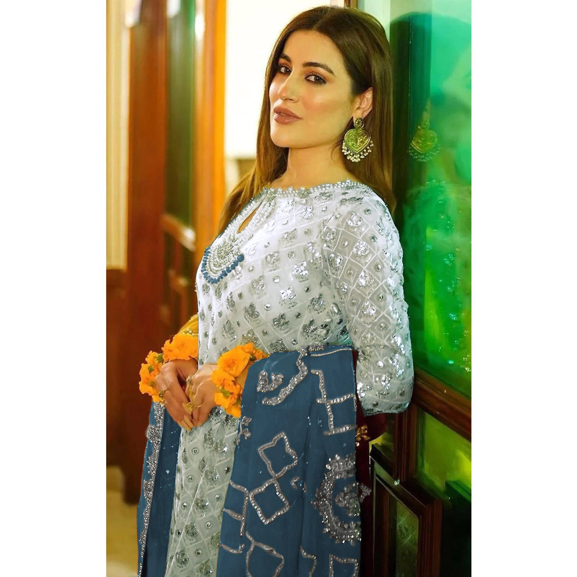 Off White Floral Embroidered Georgette Semi Stitched Pakistani Suit