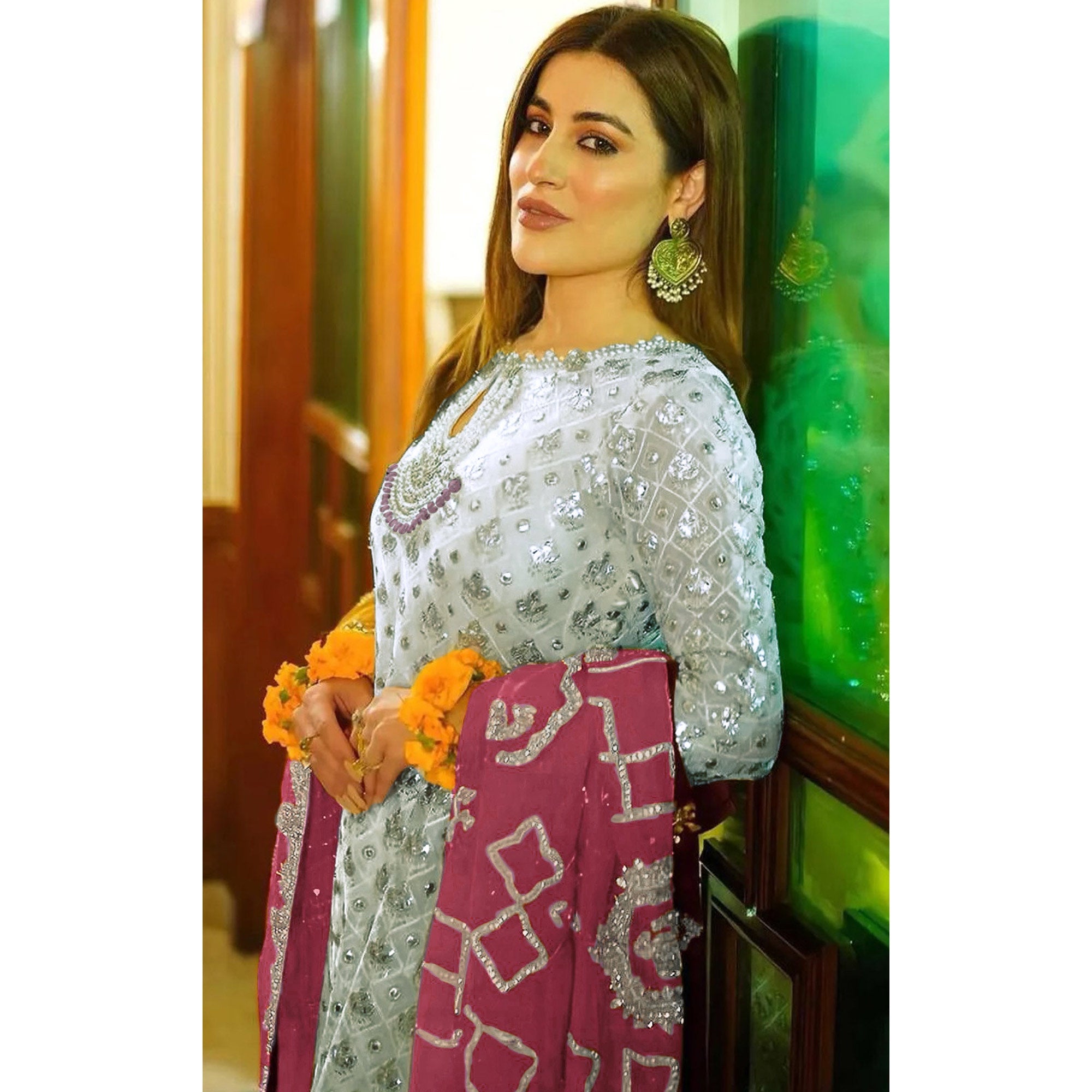 Off White Floral Embroidered Georgette Semi Stitched Pakistani Suit