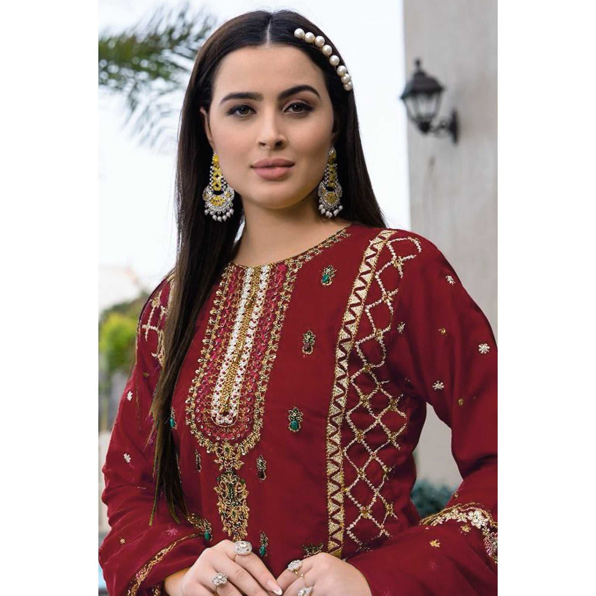 Maroon Floral Sequins Embroidered Georgette Semi Stitched Pakistani Suit