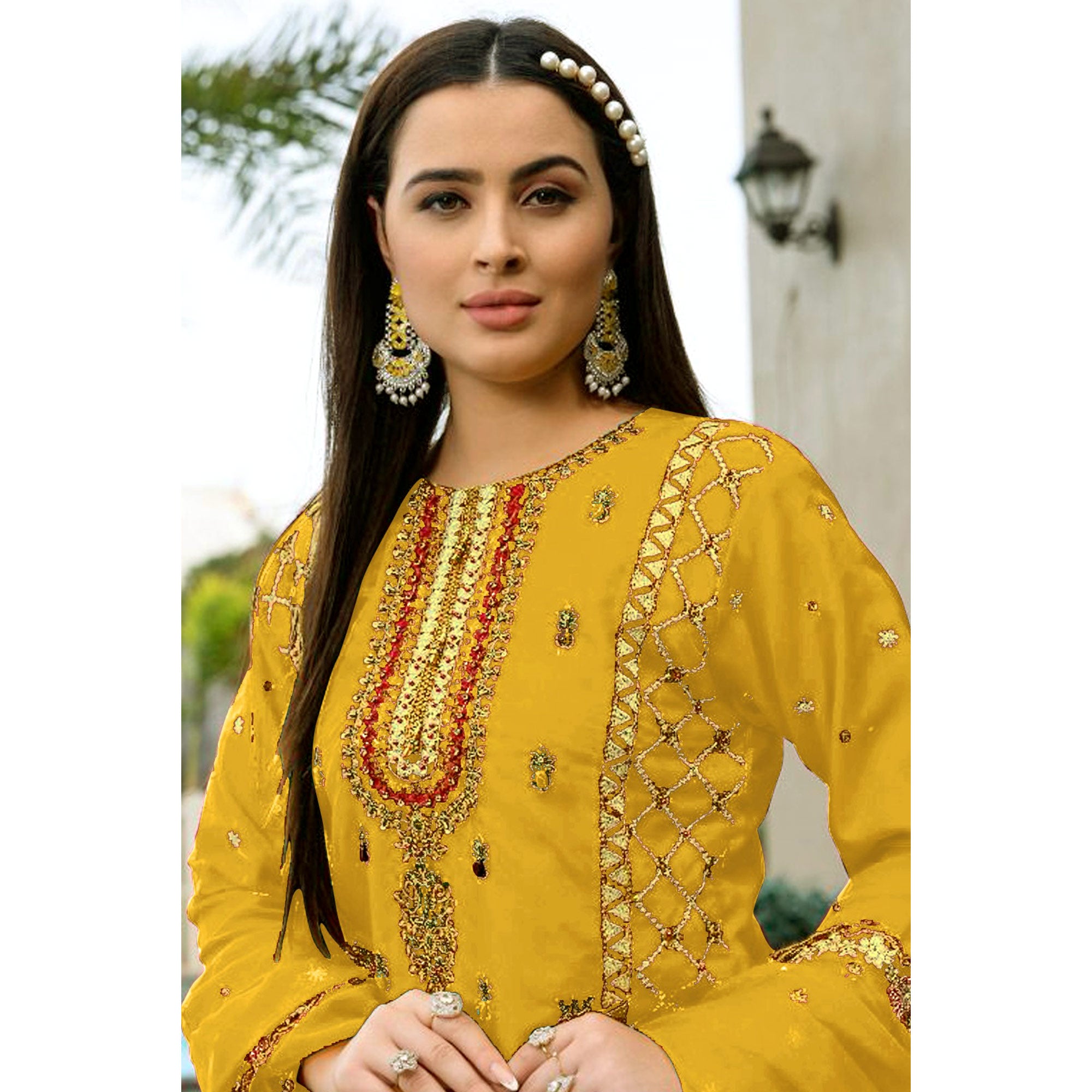 Yellow Floral Sequins Embroidered Georgette Semi Stitched Pakistani Suit