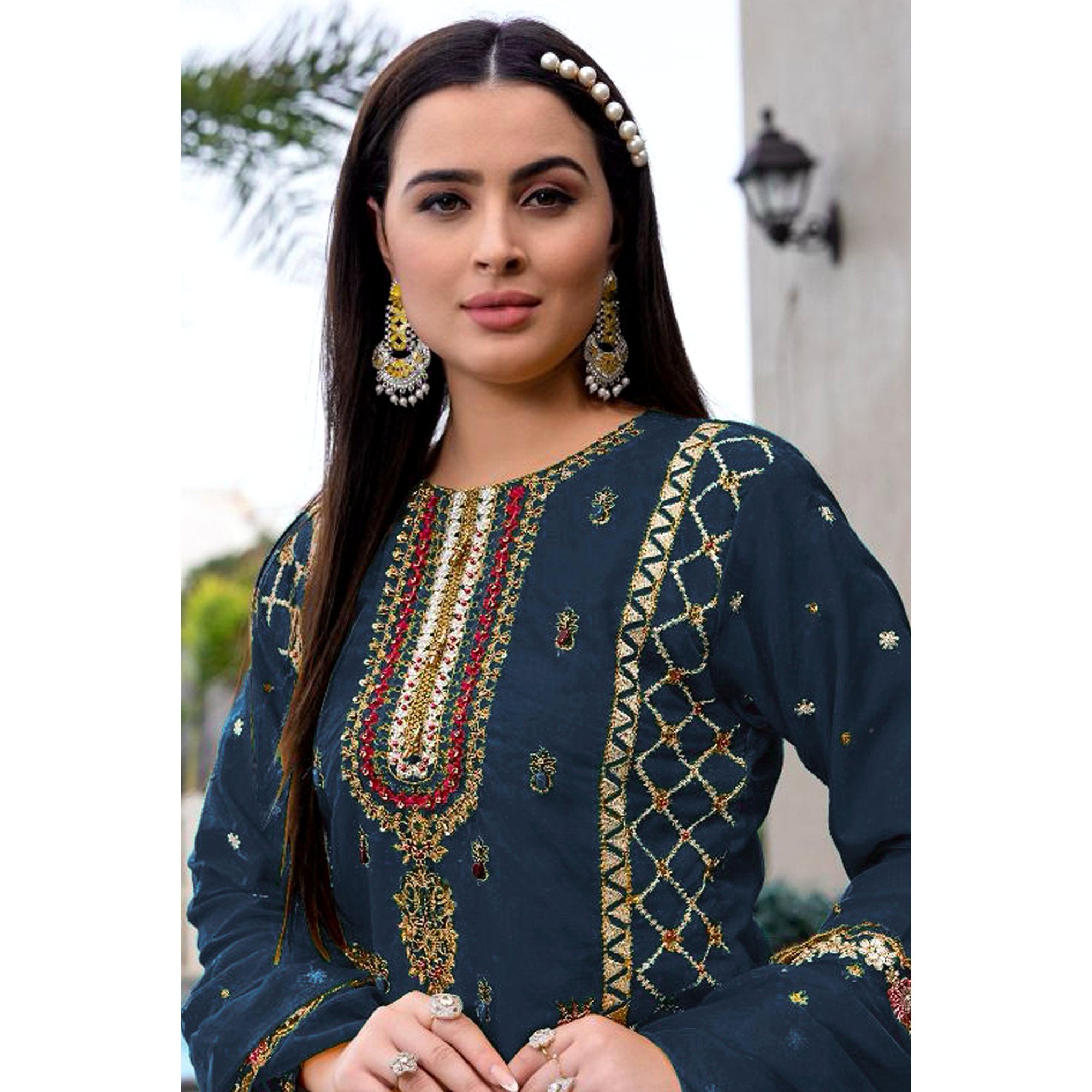 Blue Floral Sequins Embroidered Georgette Semi Stitched Pakistani Suit
