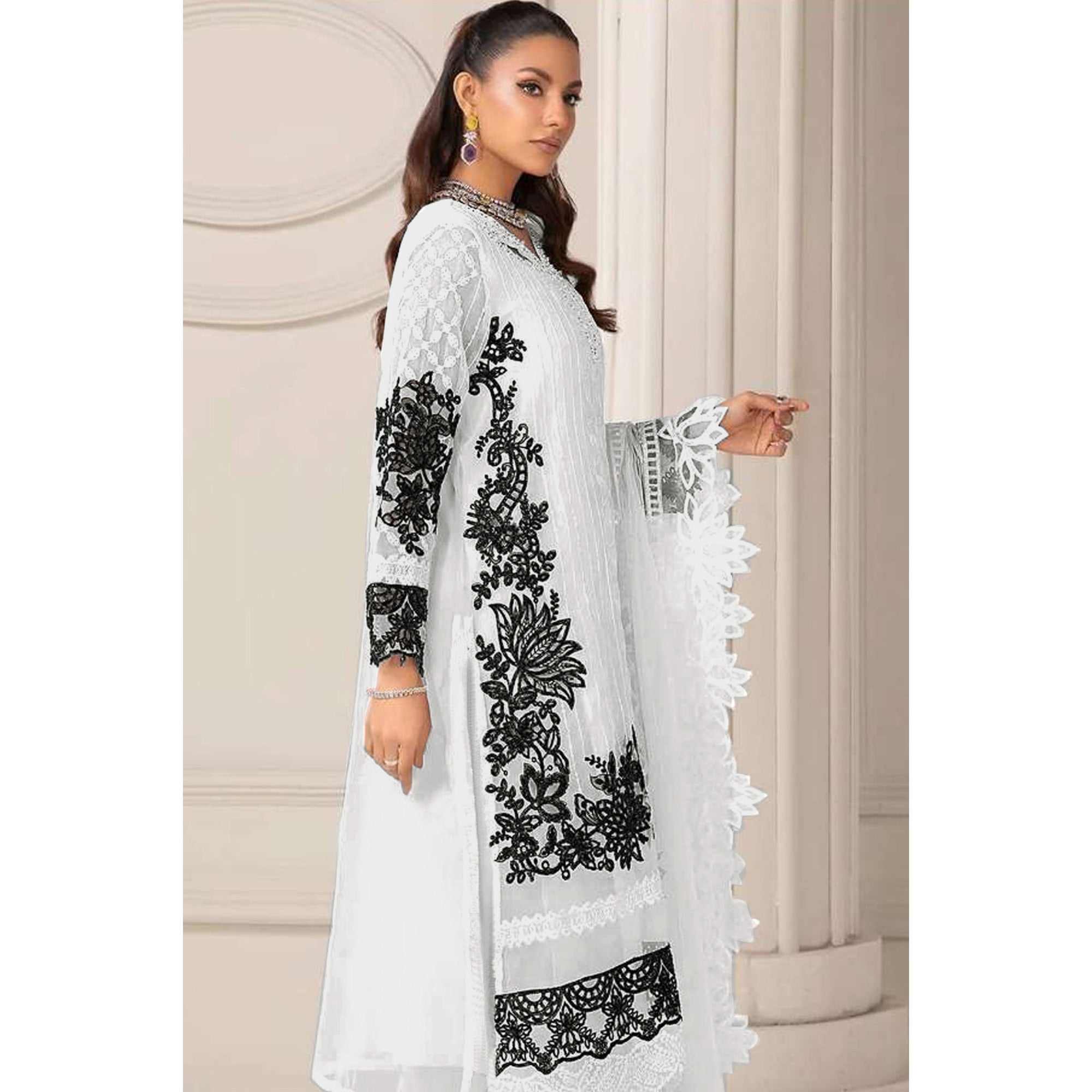 White Floral Embroidered Georgette Semi Stitched Pakistani Dress Material