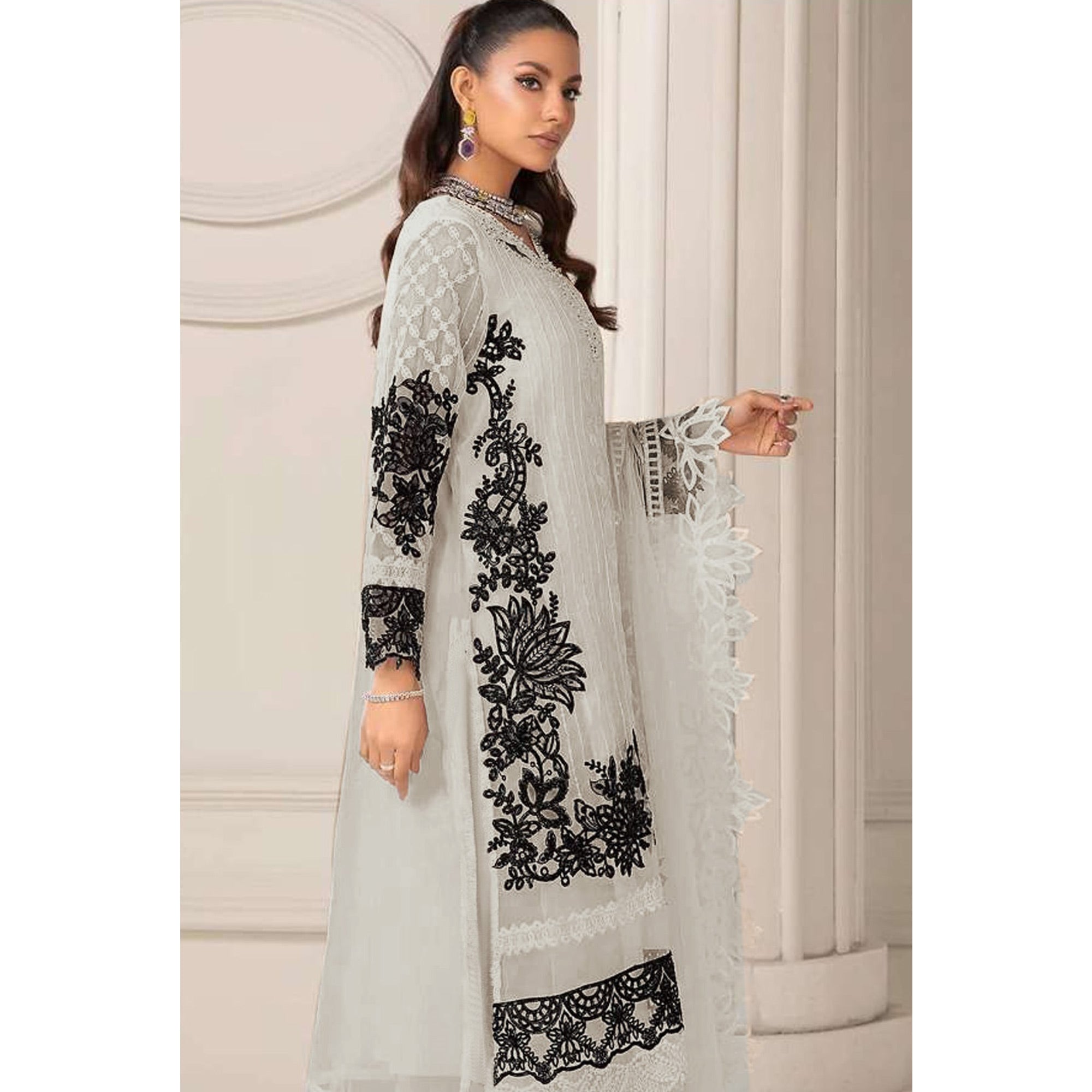 Beige Floral Embroidered Georgette Semi Stitched Pakistani Dress Material