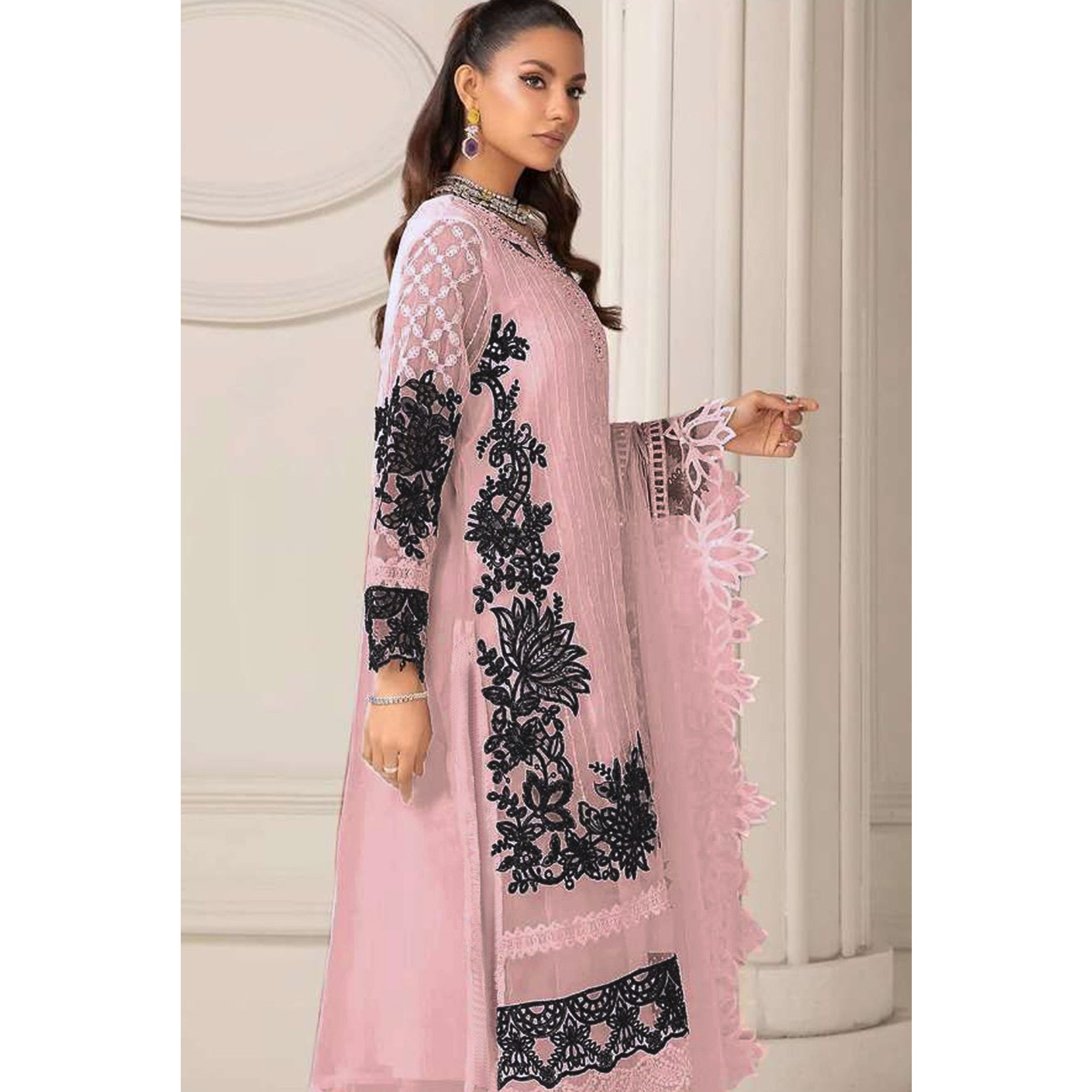 Pink Floral Embroidered Georgette Semi Stitched Pakistani Dress Material